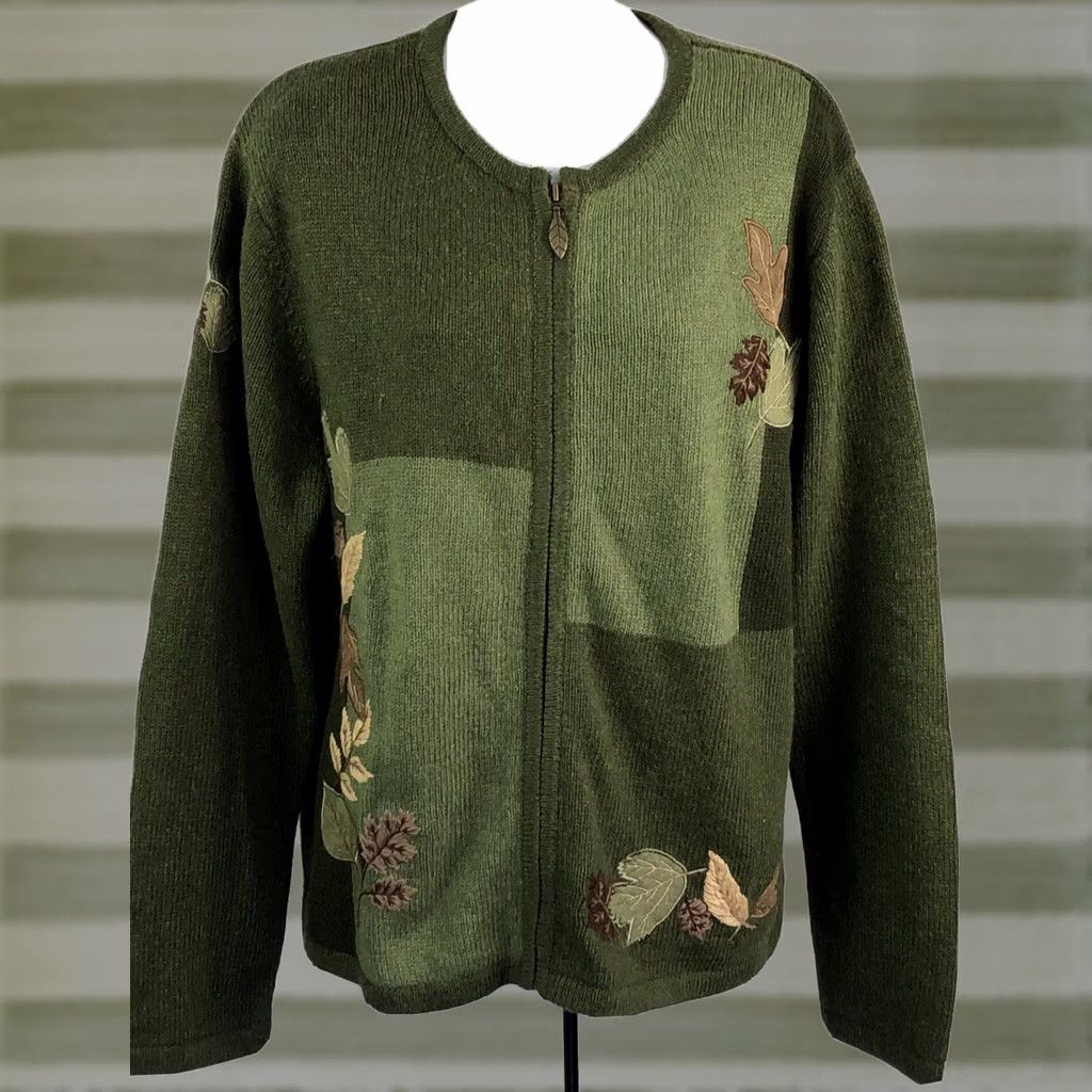 Croft & Barrow Croft Barrow Sweater L Green Cardigan zip up applique Leaves cottage fall NWT Size L / US 10 / IT 46 - 1 Thumbnail