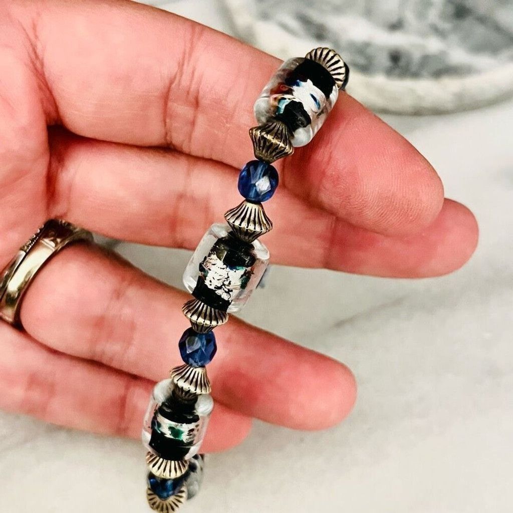 Jewelry Art Glass Beaded Bracelet Blue Silver Black Size ONE SIZE - 4 Thumbnail