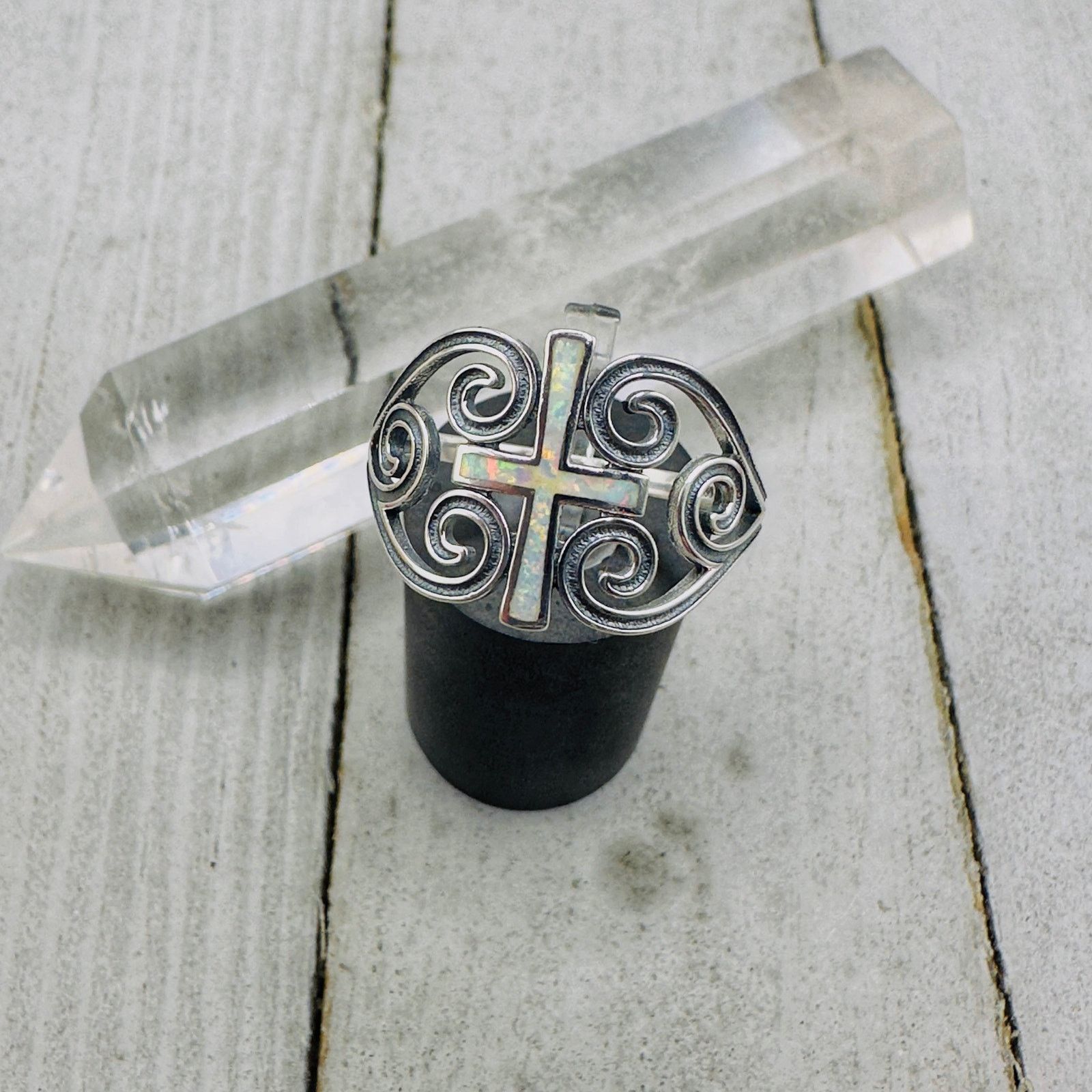 The Unbranded Brand Lab Opal Cross Sterling Silver Ring Size ONE SIZE - 1 Thumbnail