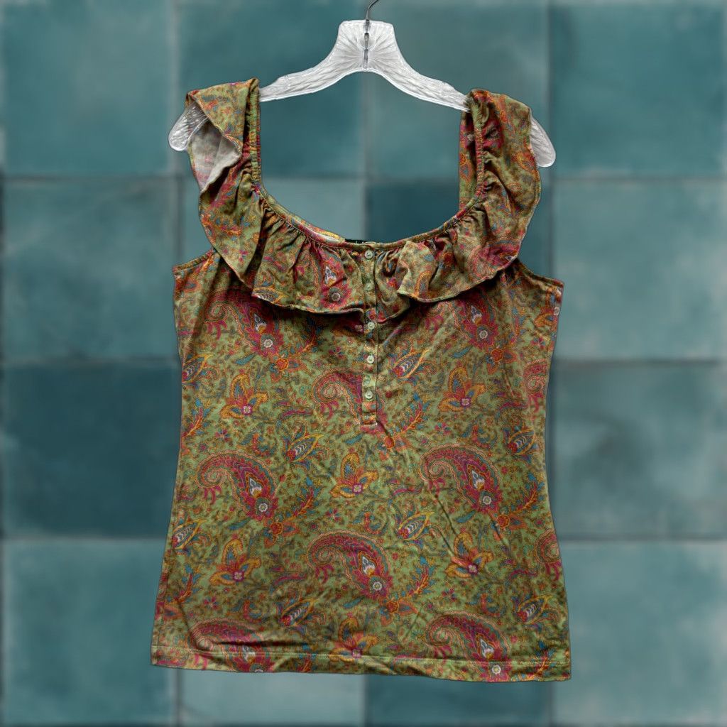 Ralph Lauren Lauren Ralph Lauren Top Blouse Sleeveless Henley Ruffle Neck Paisley Green L Womens Size L / US 10 / IT 46 - 1 Thumbnail