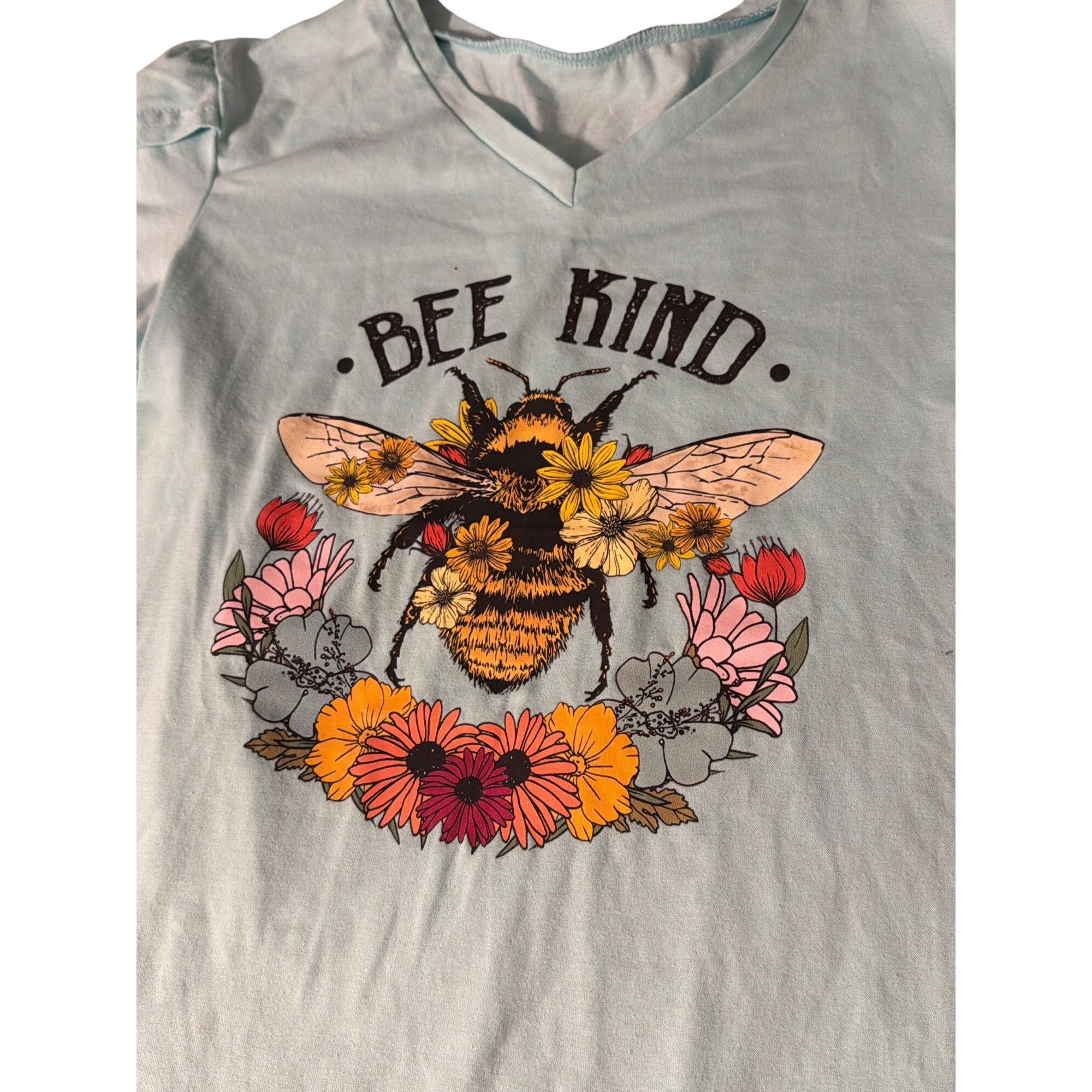 Other Bee Kind V Neck T Shirt Light Green Blue Floral Flower Graph Size S / US 4 / IT 40 - 2 Thumbnail