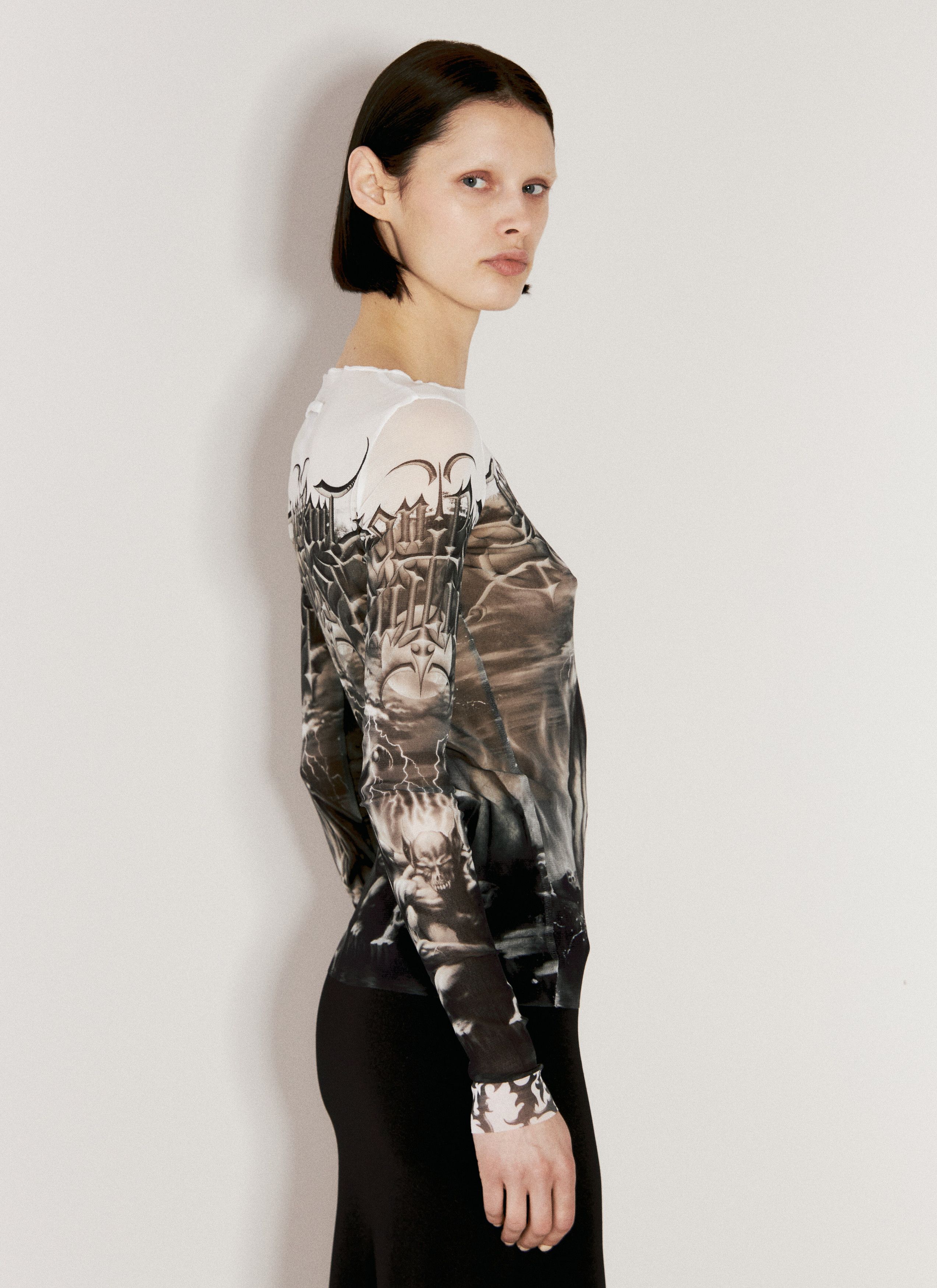 Jean Paul Gaultier o1tko10526 L/S Diablo-printed Mesh Top in Black/White Size S / US 4 / IT 40 - 3 Thumbnail