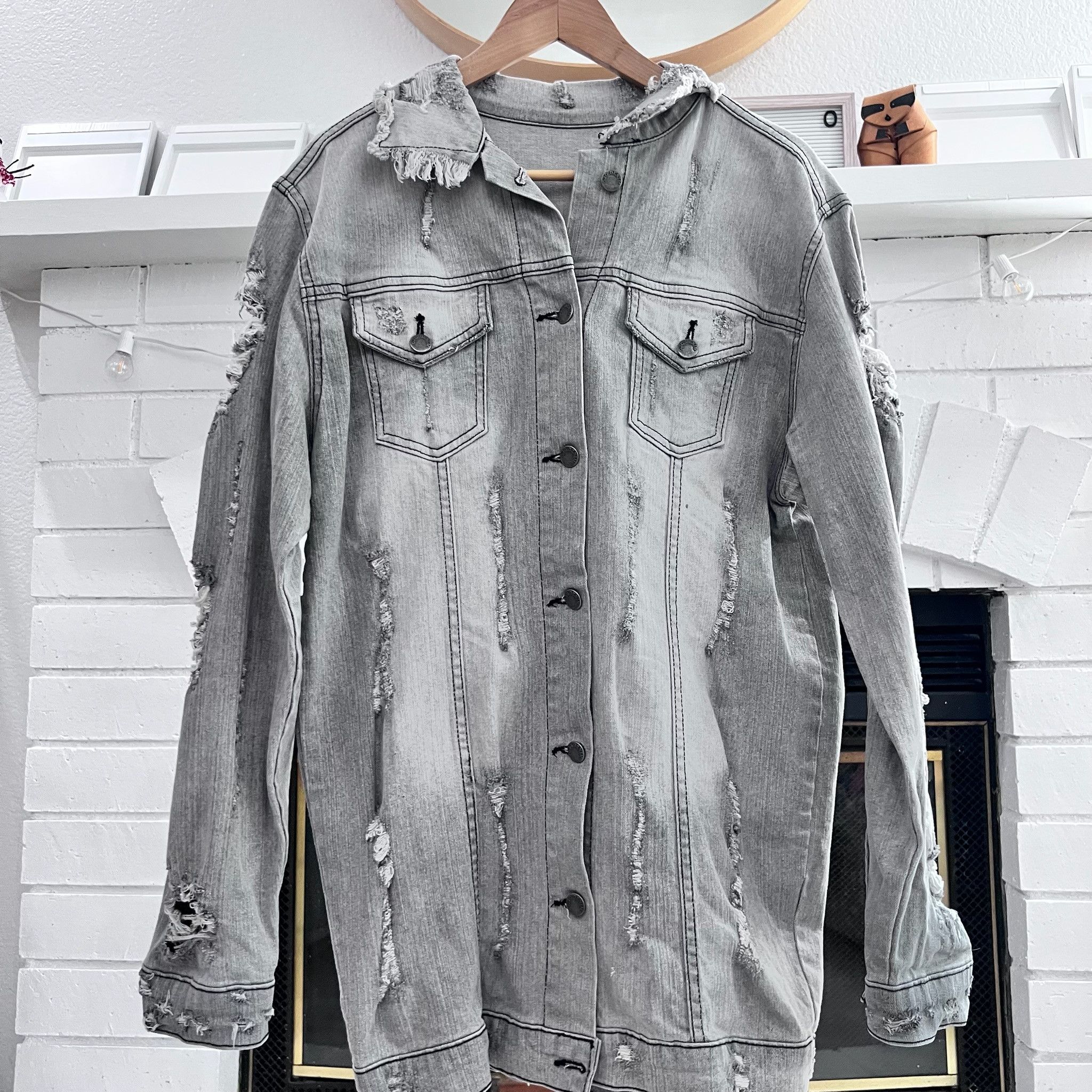 Other Wake Pray Slay Gradient Gray Distressed Denim Jacket Size US S / EU 44-46 / 1 - 1 Thumbnail