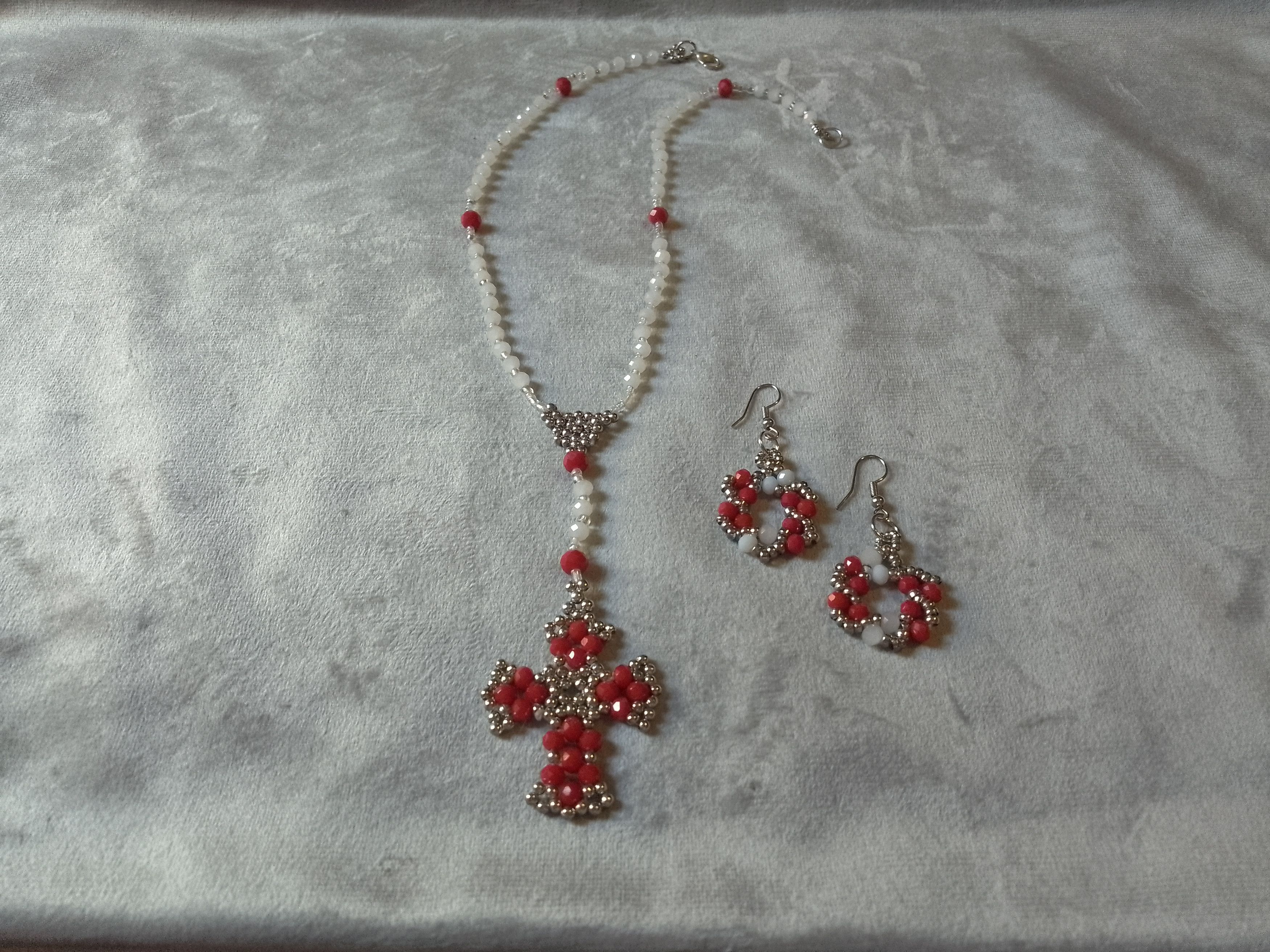 Handmade Necklace/Rosary White/Red Crystal. Cross Earrings Size ONE SIZE - 6 Thumbnail