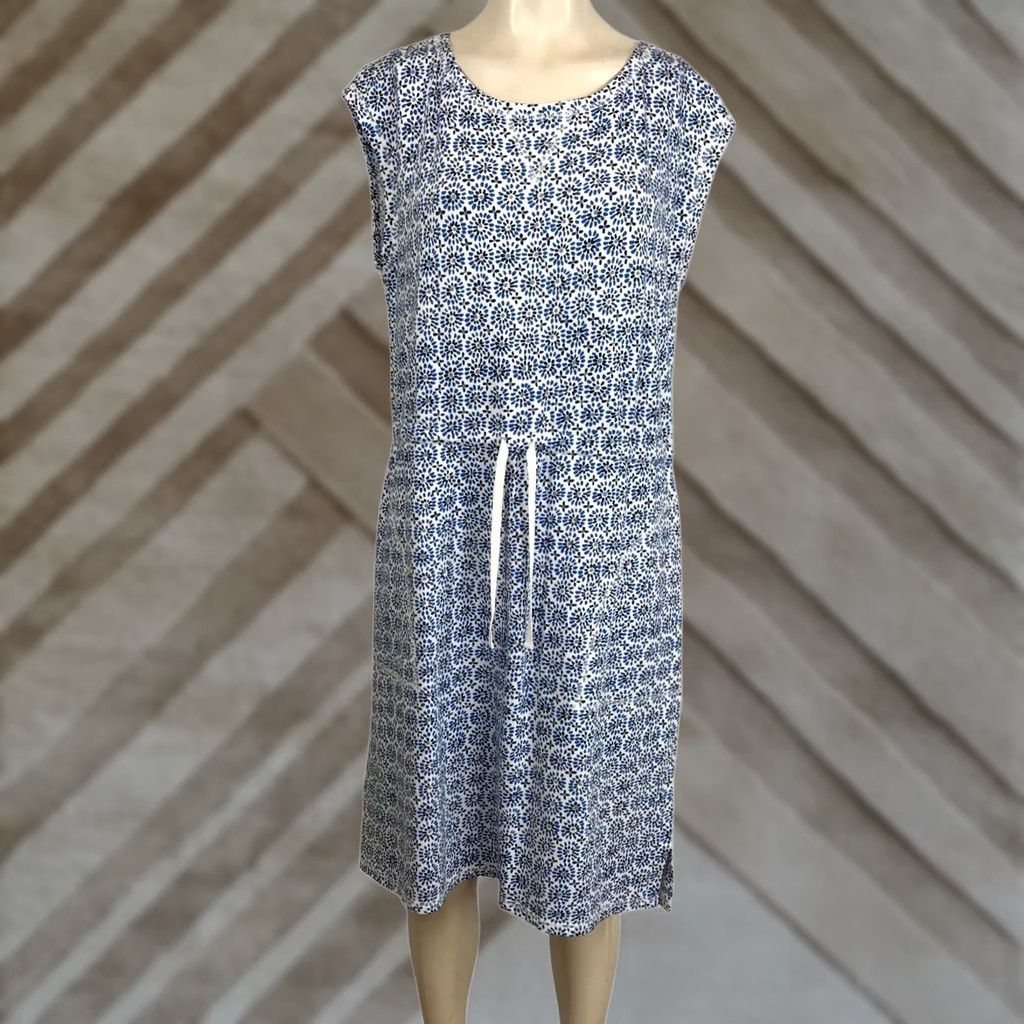 Talbots TALBOTS T BY TALBOTS DRESS WOMEN'S MEDIUM BLUE WHITE SHORT SLEEVE DRAWSTRING WAIST Size 32" / US 10 / IT 46 - 1 Thumbnail