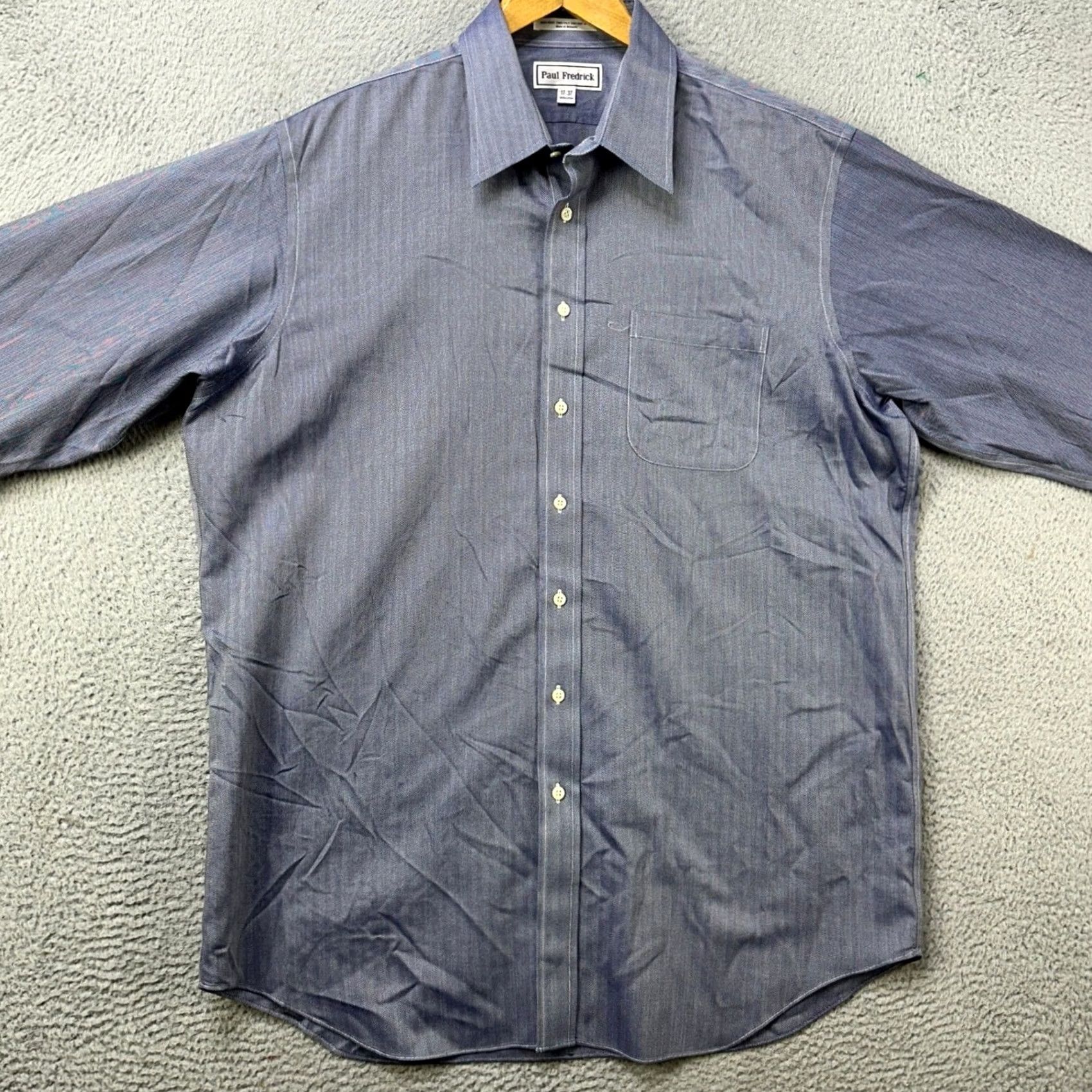 Vintage VINTAGE Paul Frederick Mens Shirt Dress Blue Herringbone Pocket Fast Shipping EUC Size 46R - 3 Thumbnail