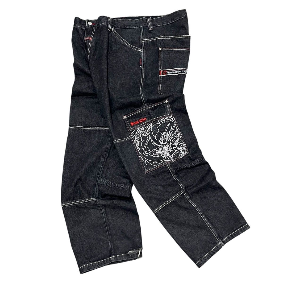 If Six Was Nine 🐲 Grass Hither Embroidery Baggy Cargo Black Denim Pant Size US 40 / EU 56 - 1 Thumbnail