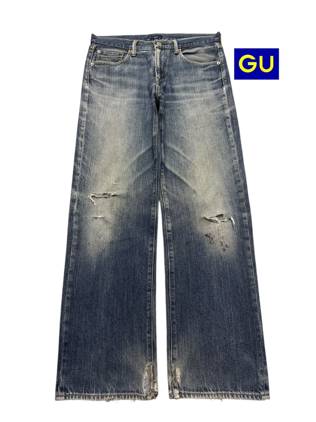 GU Vintage Y2K Japanese GU Faded Wash Distress Wide Leg Loose Size US 33 - 1 Thumbnail