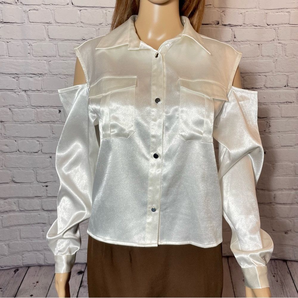 Other NWT New VHNY Satin White Cut Out Long Sleeve Button Blouse Size XS / US 0-2 / IT 36-38 - 9 Thumbnail
