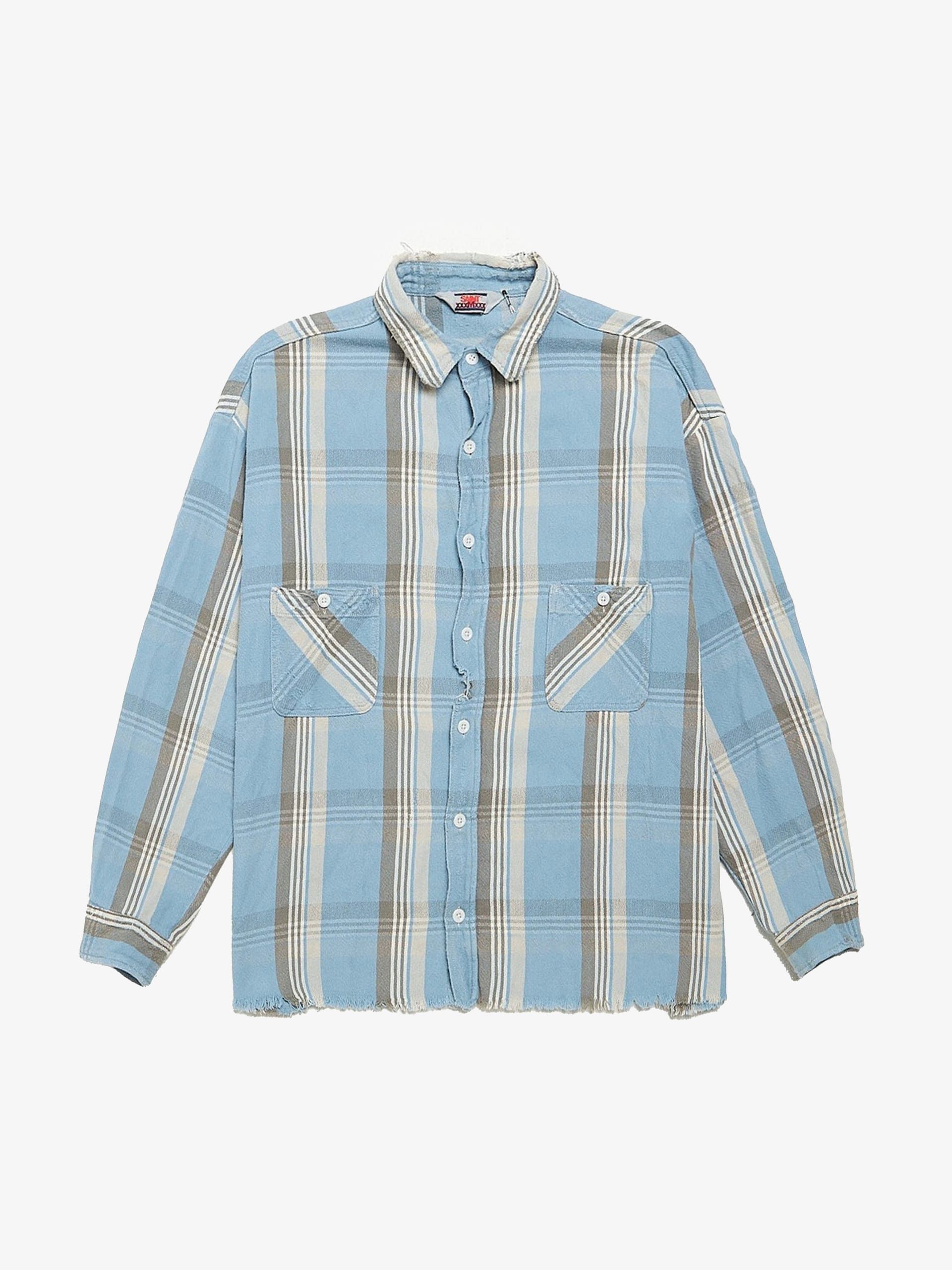Saint Michael Blue And Gray Striped Distressed Cotton Overshirt Size US XL / EU 56 / 4 - 1 Thumbnail