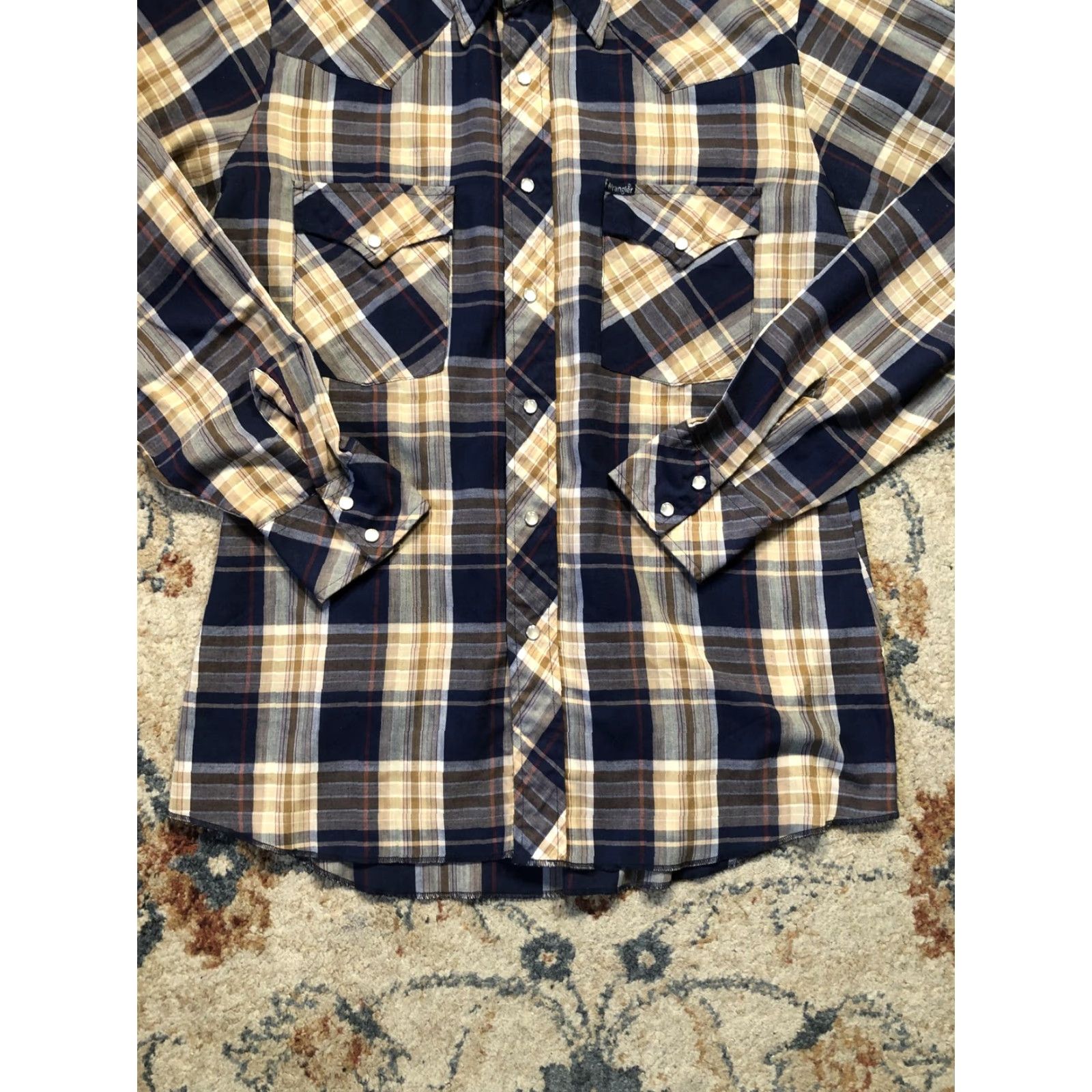 Wrangler VINTAGE Wrangler Shirt Mens Medium Blue Tan Plaid Pearl Snap Western Rodeo 90s Size US M / EU 48-50 / 2 - 5 Thumbnail