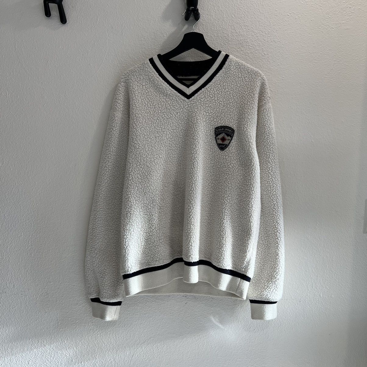 image of Polo Ralph Lauren x Vintage Polo Sport Sportsman Deep Pile Fleece Sweater 90's Patch in White (Size