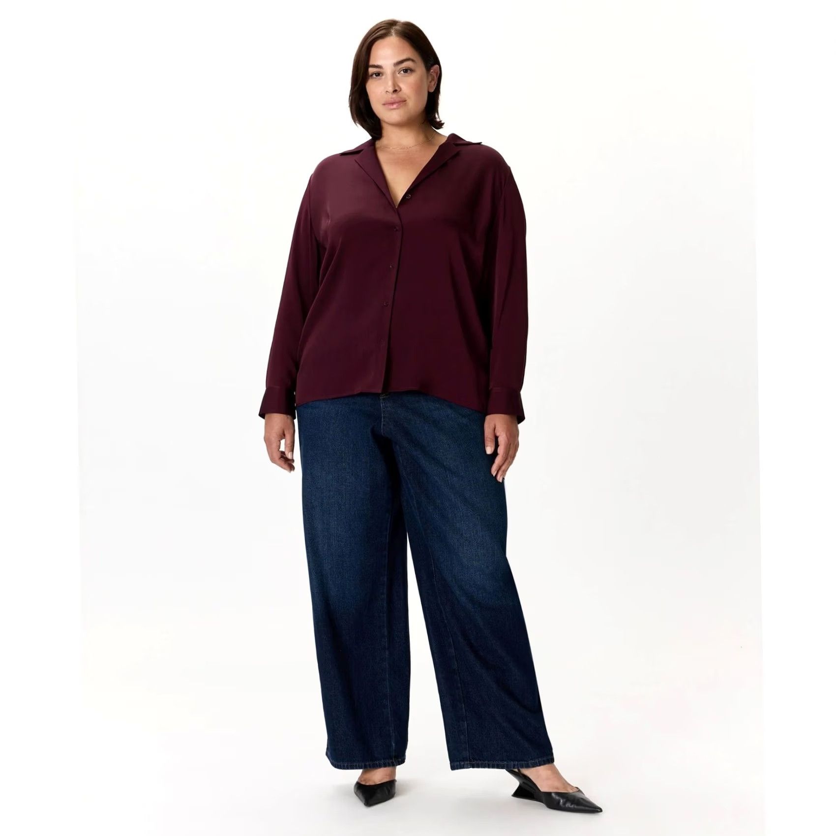 Quince Quince Womens Plus Size 3X Blouse Wine Stretch Silk Collared Button Size XXL / US 16-18 / IT 52-54 - 2 Thumbnail