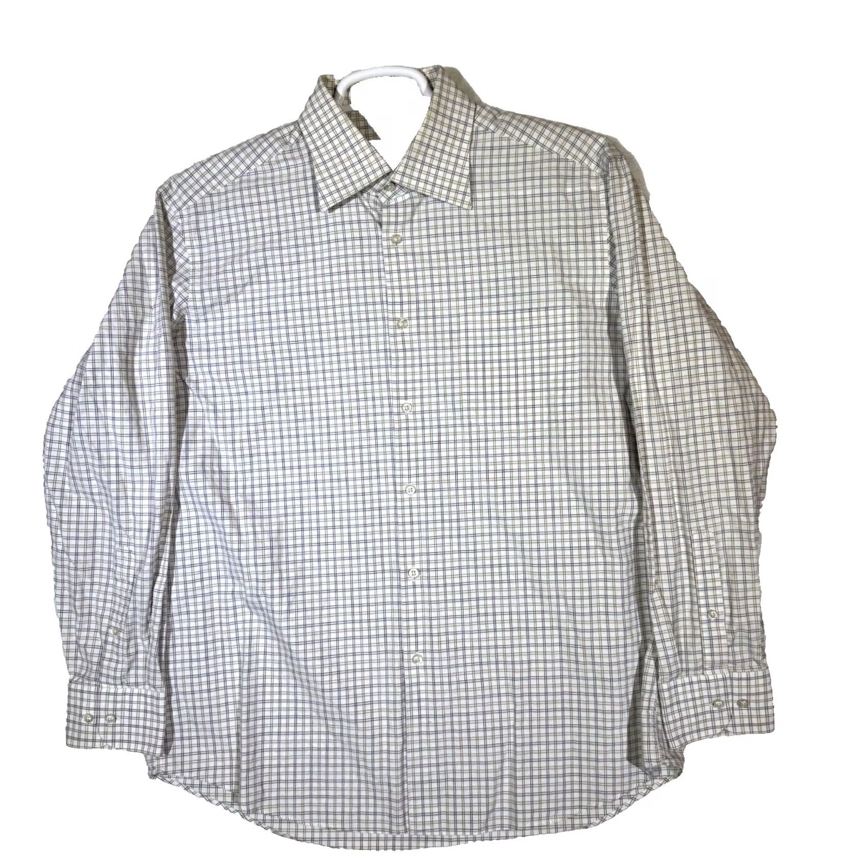 Hugo Boss VINTAGE: Hugo Boss Shirt 100% Cotton White Gray Plaid Dress Shirt Long Sleeve 17 Neck/34-35 Sleeve Mens Size 34R - 2 Thumbnail