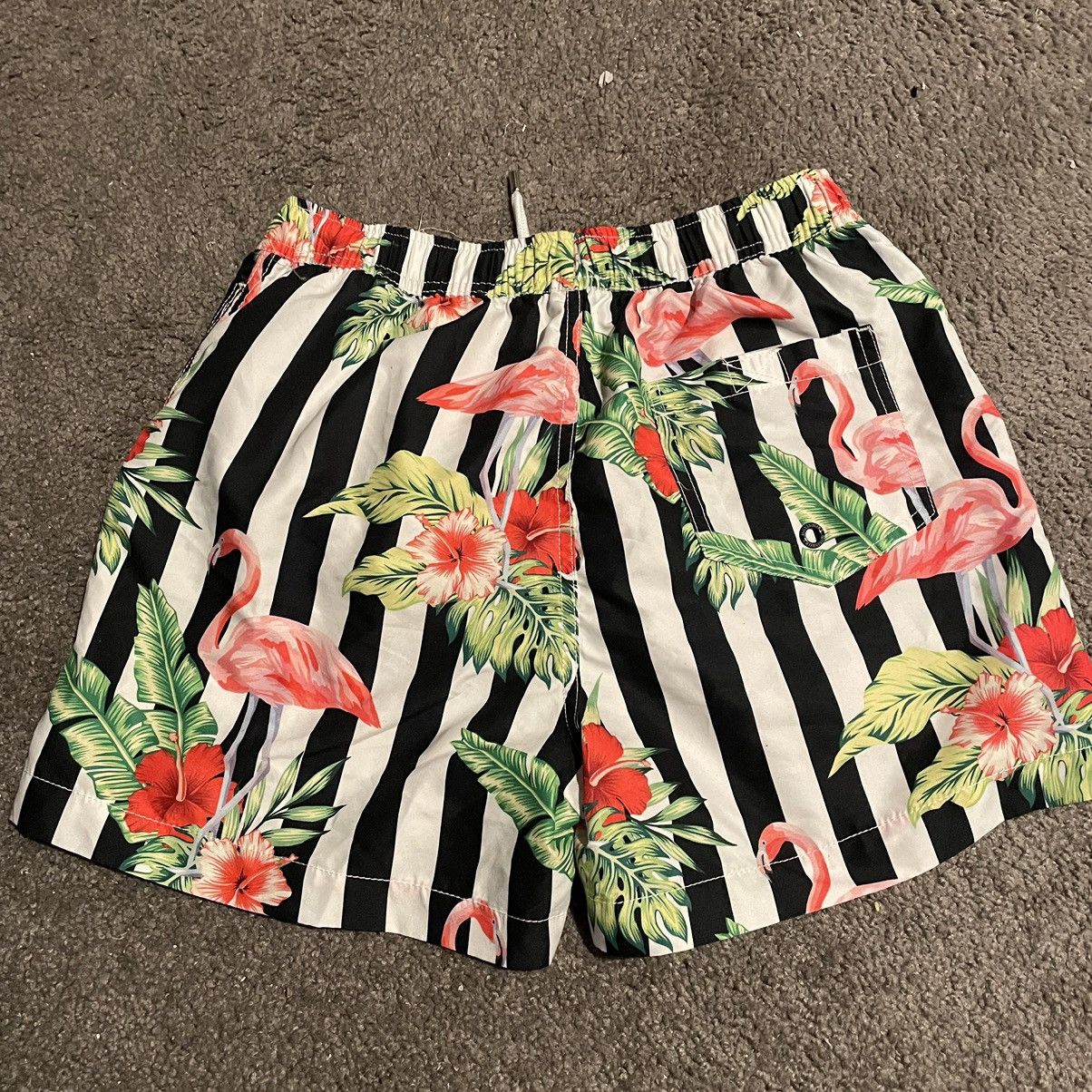Other Floral Flamingo Mens Black and White Striped Swimwear Shorts Size US 30 / EU 46 - 2 Thumbnail