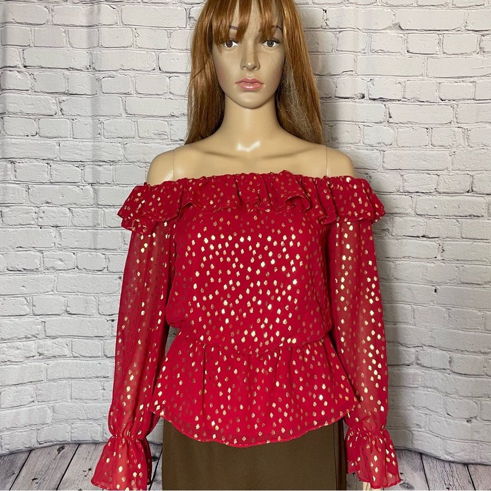Vince Camuto NWT New Vince Camuto Red Off the Shoulder Foil Chiffon Blou Size XS / US 0-2 / IT 36-38 - 2 Thumbnail