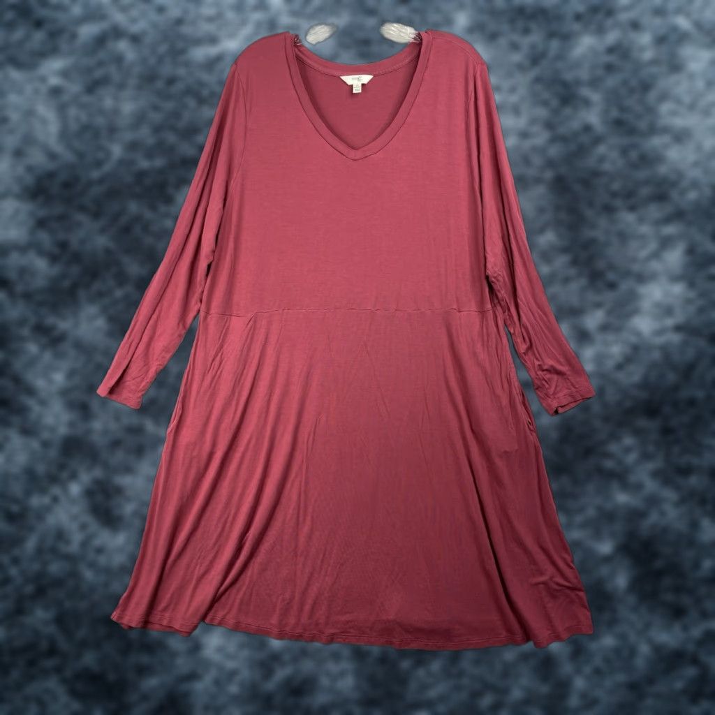Vintage Terra & Sky Dress 2X Pink V-Neck Long Sleeve A-Line Shirt Dress Womens Plus Size Knee Length Lightweight Stretch Rayon Spandex Size XXL / US 16-18 / IT 52-54 - 1 Thumbnail