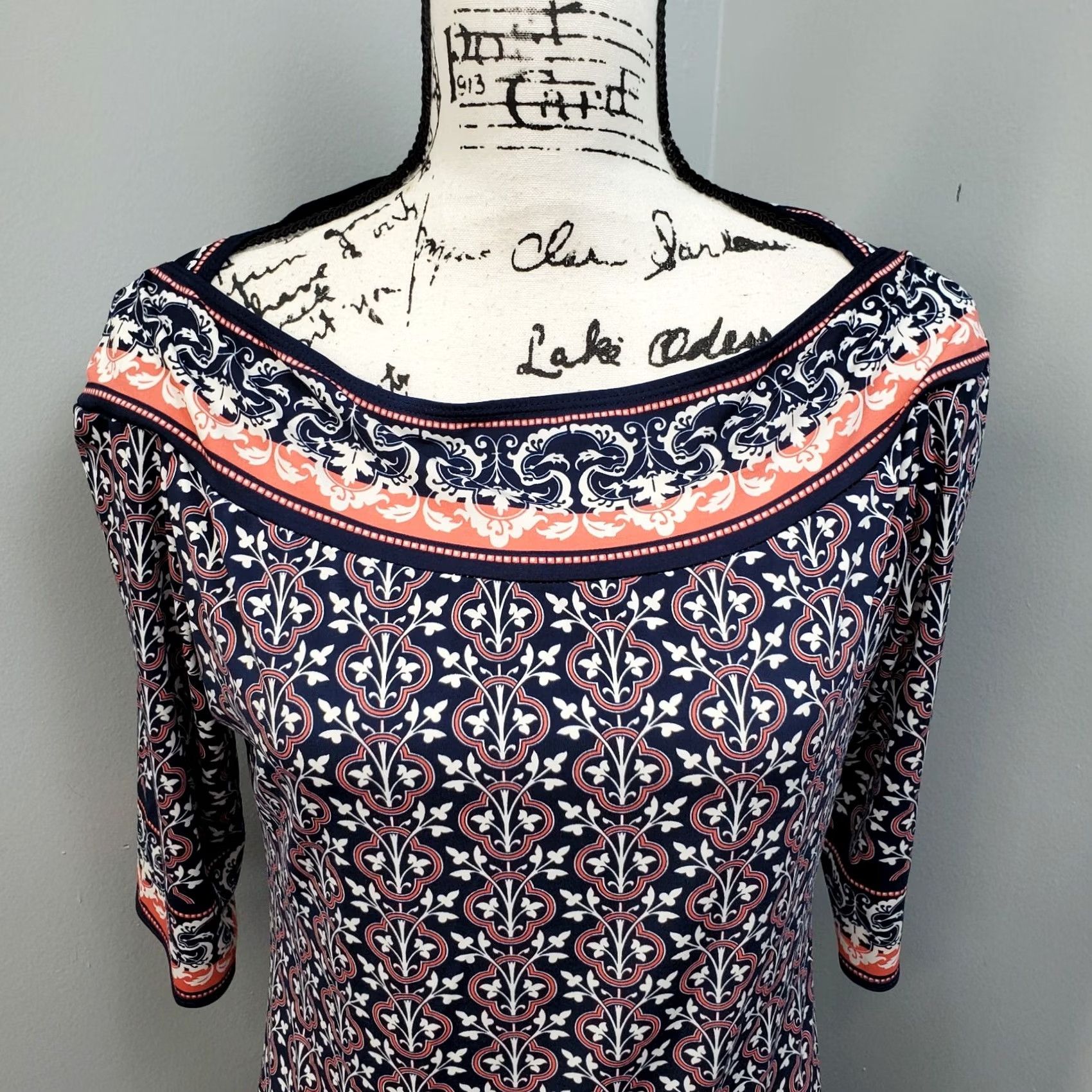 Vintage Max Studio Shift Dress Women Large Multi Geometric 3/4 Sleeve Boat Neck Pullover Size L / US 10 / IT 46 - 3 Thumbnail