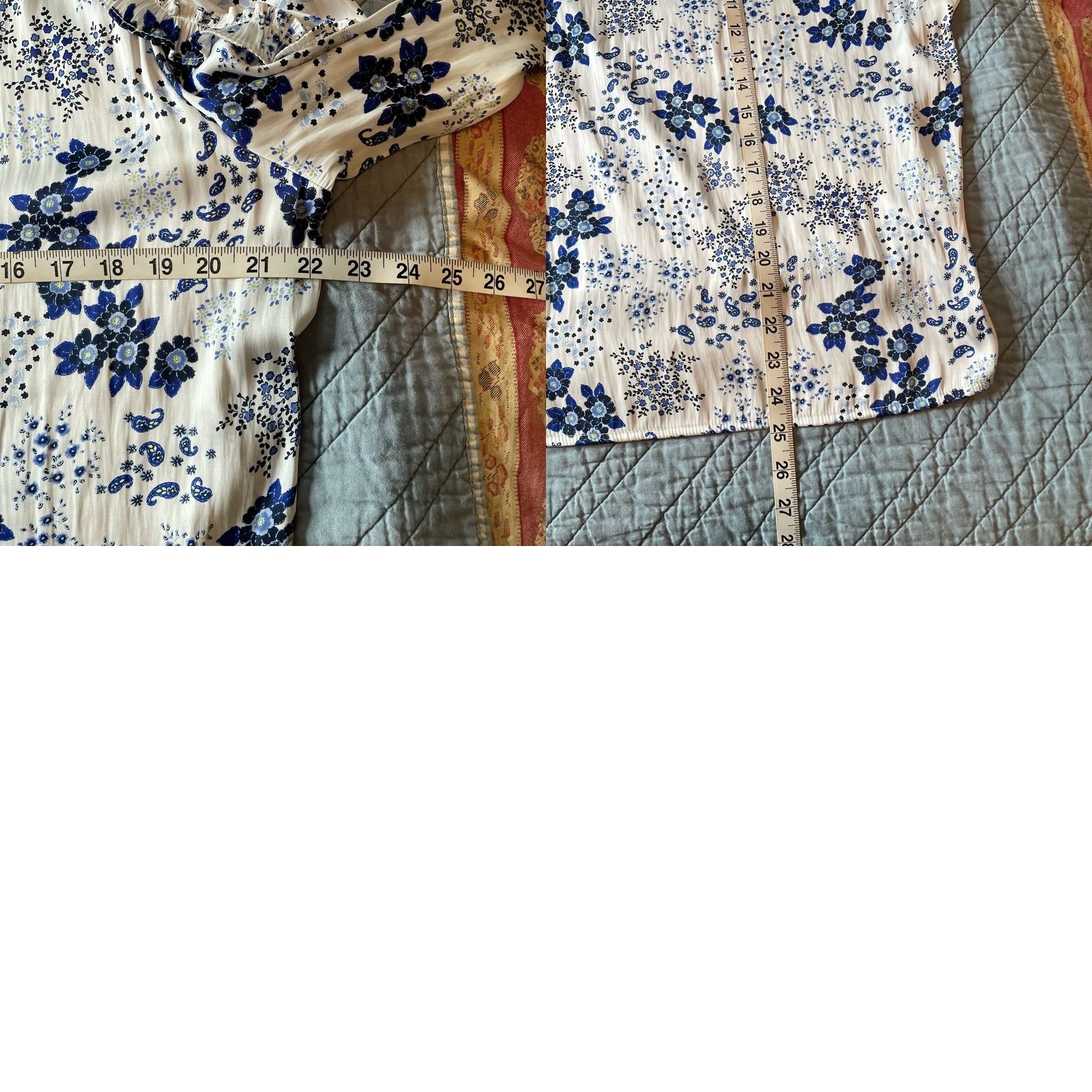 Loft LOFT Blouse Shirt White Blue Floral Paisley Ruffle Pleated Long Sleeve S Womens Regular Neckline Round Size S / US 4 / IT 40 - 8 Thumbnail