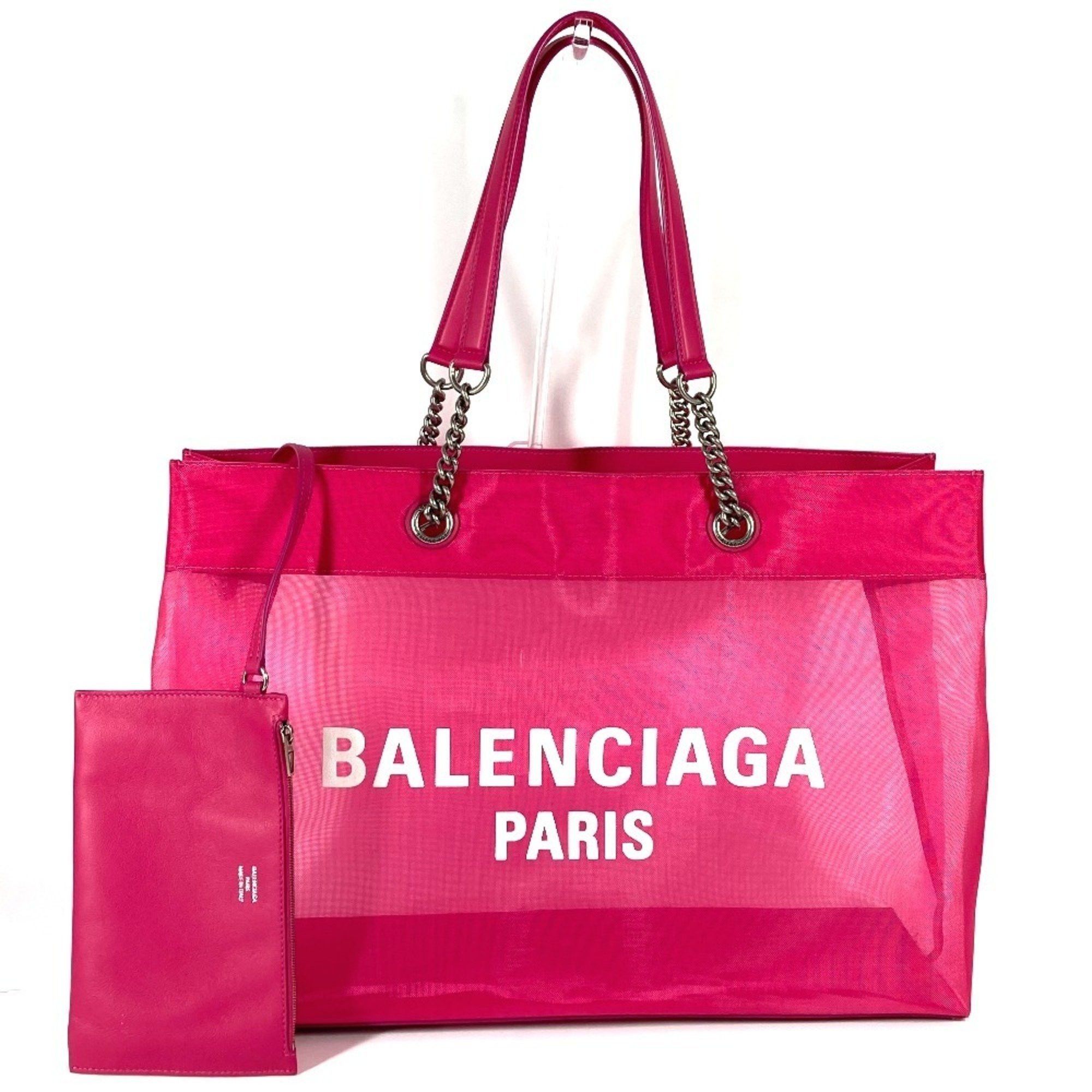 Balenciaga 741605 Mesh With Pouch Duty Free Large Logo Shoulder Bag Tote Polyester Lambskin Women's Pink