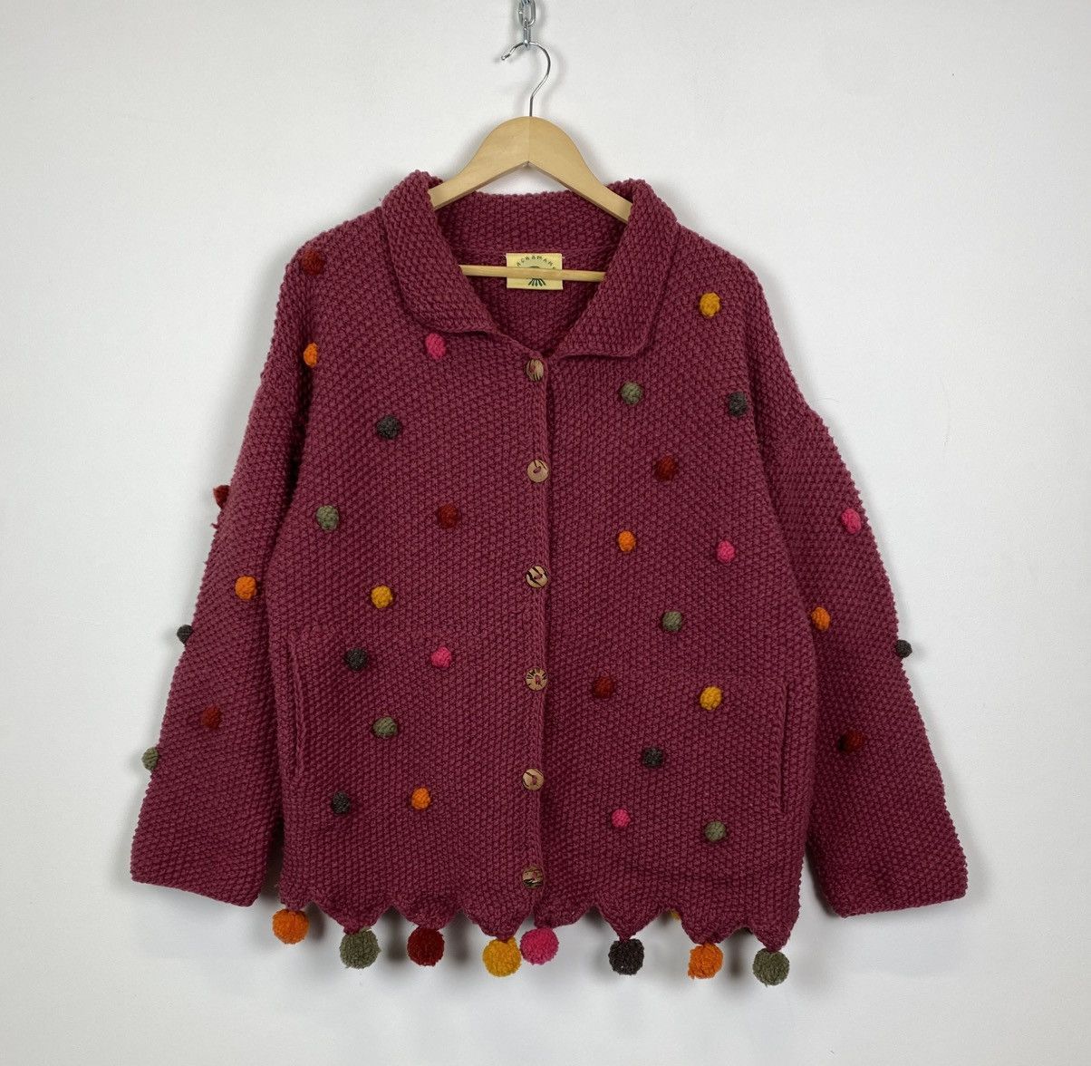 Handmade Vintage Pachamama Hand Knit Buttons Cardigan 90’s With Bubo Size US L / EU 52-54 / 3 - 1 Thumbnail