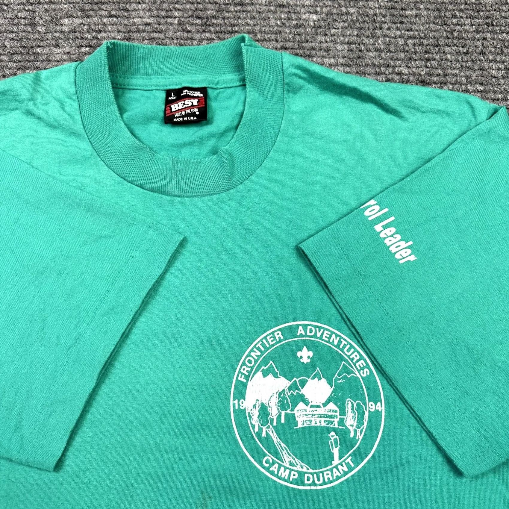 Fruit Of The Loom VINTAGE 1990s Grunge Single Stitch T Shirt Camp Durant Staff Shirt 1994 USA Green Mens L Shirt Size US L / EU 52-54 / 3 - 7 Thumbnail