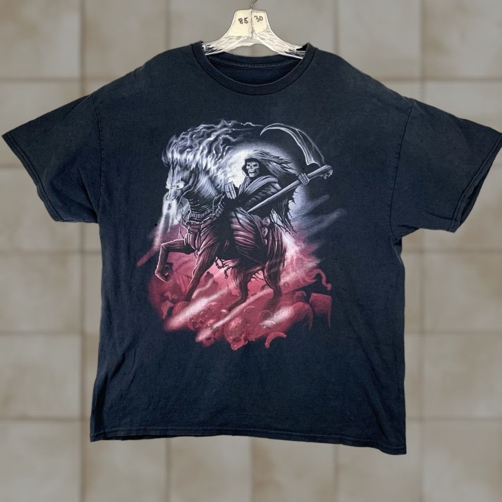 Gildan VINTAGE Y2K Grim Reaper T-Shirt Men Oversized Black Cotton 90s Biker Grunge Graphic Print Size US L / EU 52-54 / 3 - 1 Thumbnail
