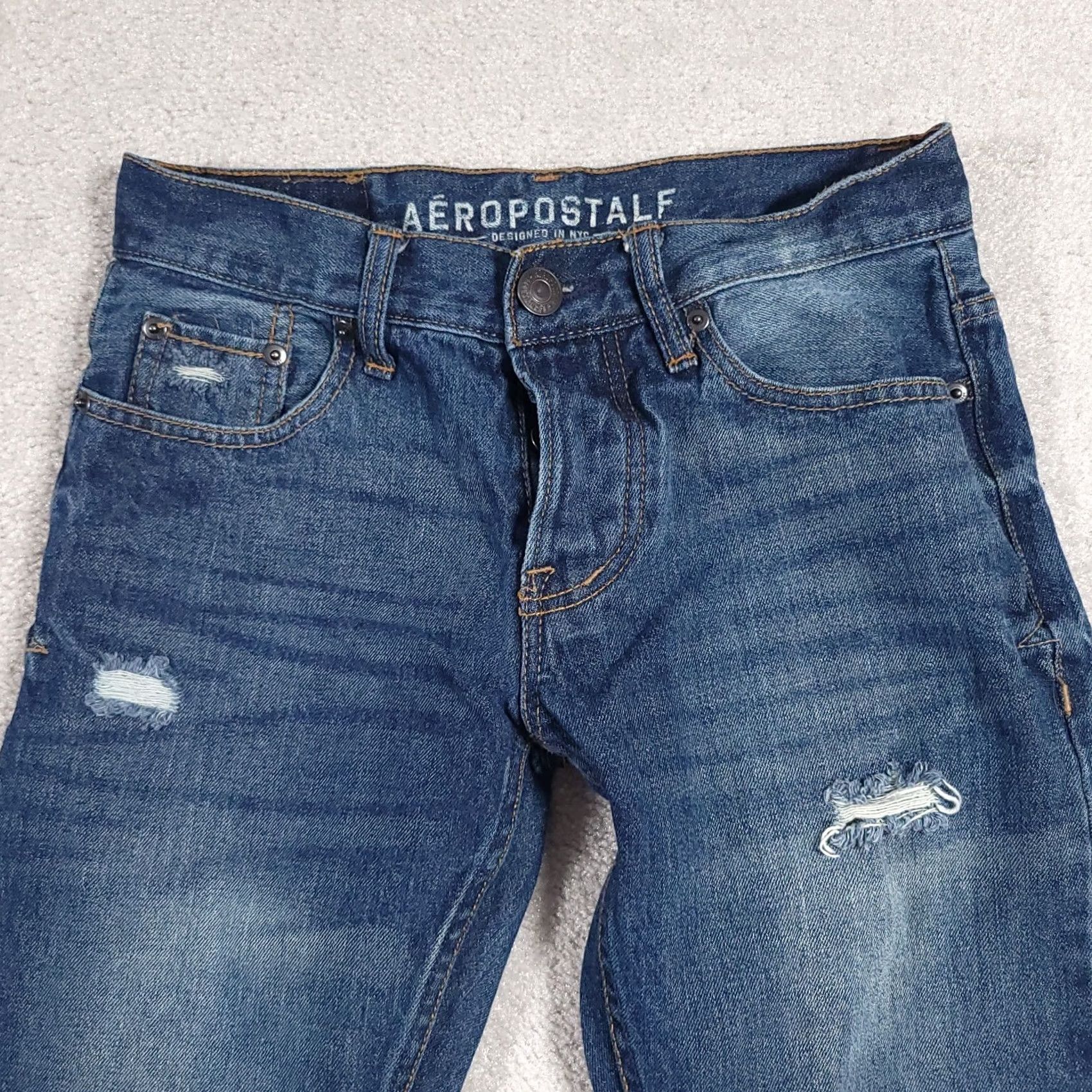 Vintage Aéropostale Jeans Slim Straight Denim 28/28 Distressed Button Fly Boys Mens Sized 28 Blue Denim Shirt? Size US 28 / EU 44 - 3 Thumbnail