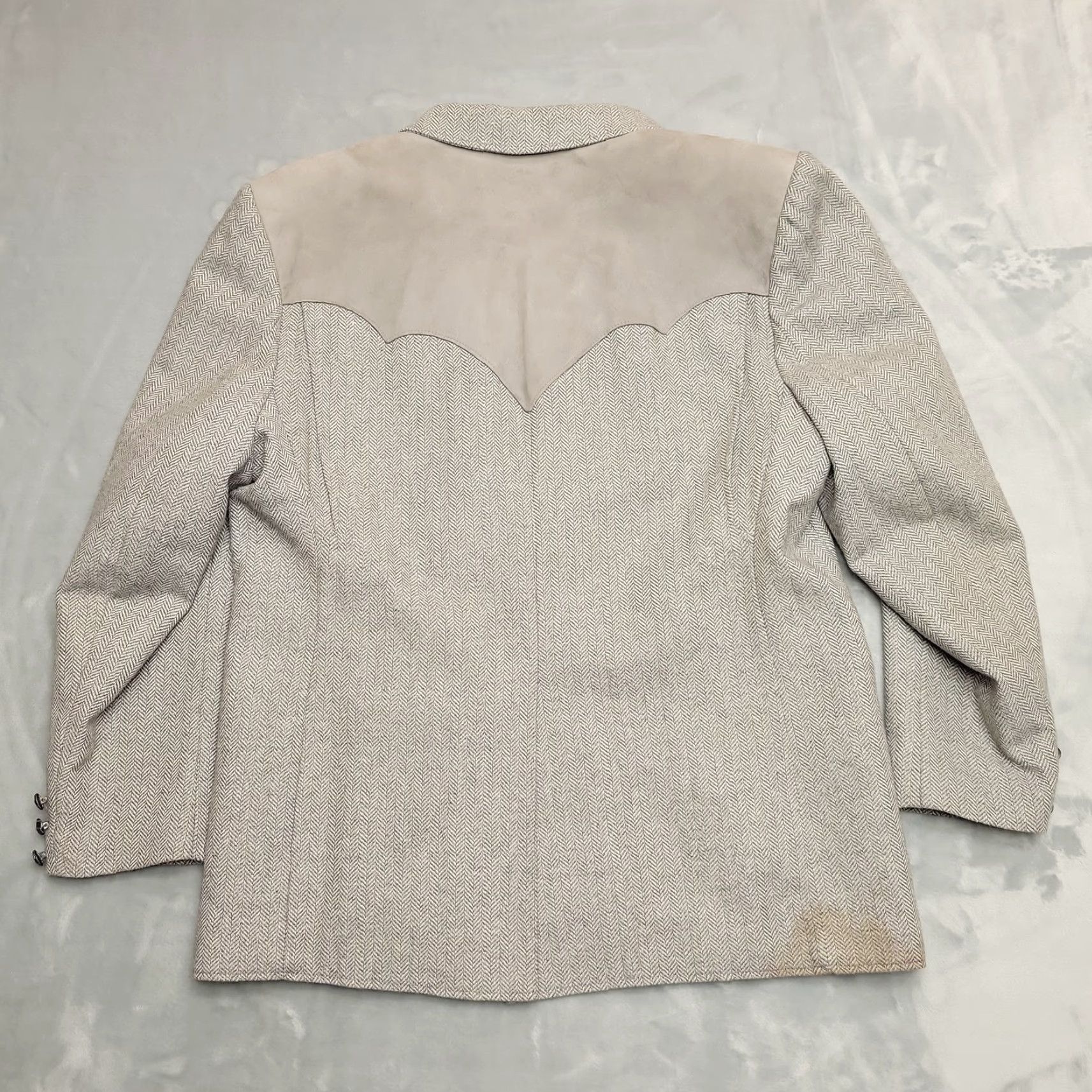 YOKE VINTAGE Pioneer Wear Blazer Men 48 Gray Herringbone Western Suede Yoke Wool USA Made Size 48R - 7 Thumbnail