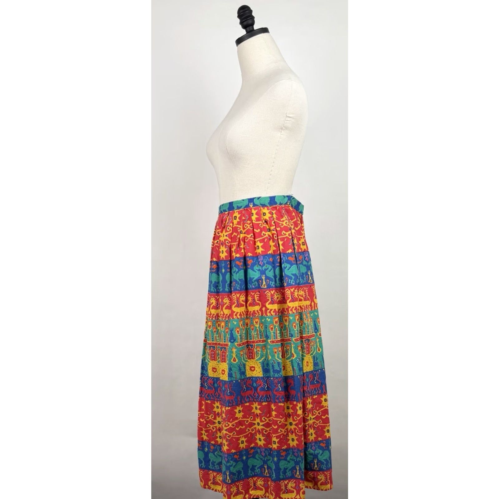 VINTAGE Claude Skirt Maxi Women's S Red Geometric Pleated 80s 90s Art Southwestern Western All Seasons Pockets High Rise Cotton Vintage 12