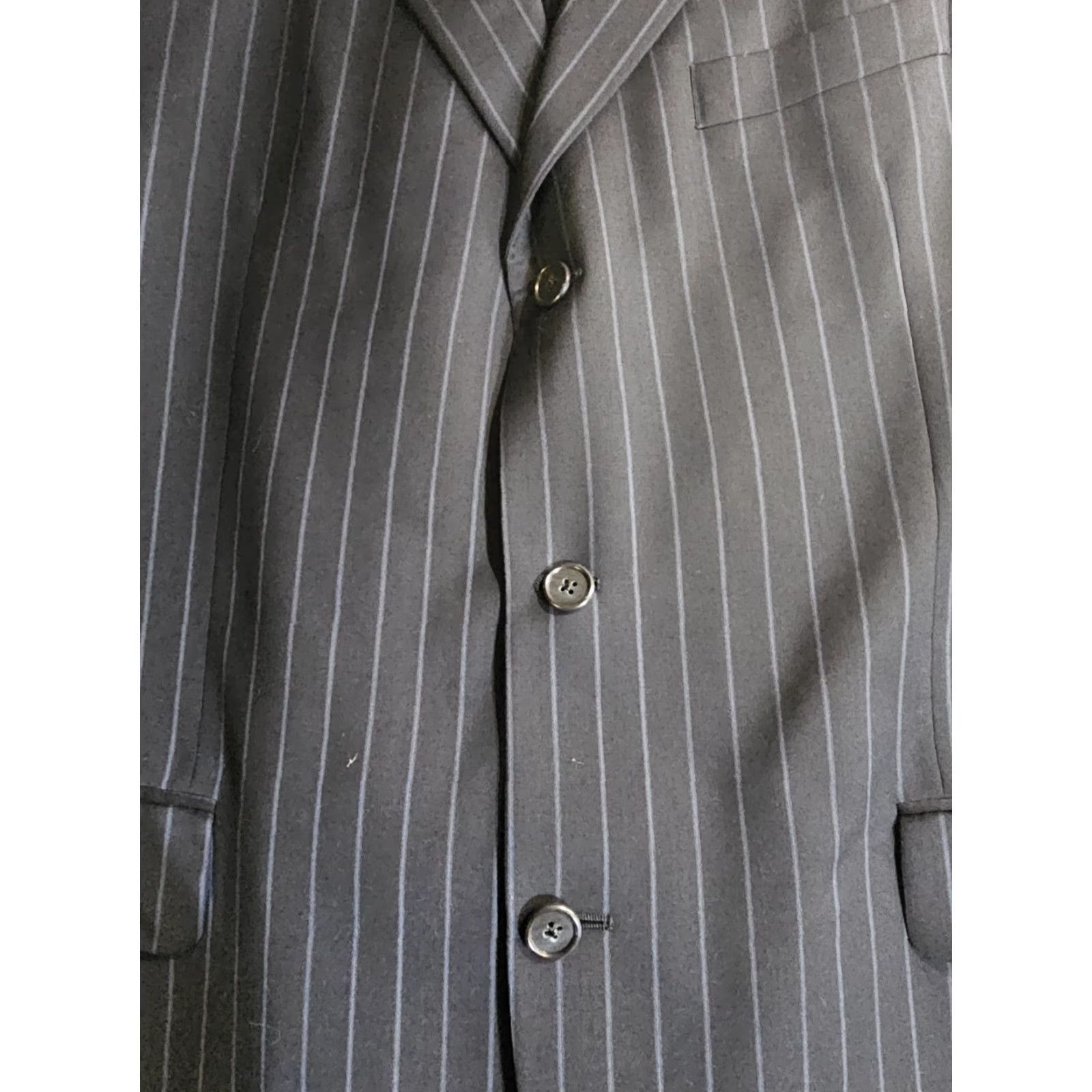 Jack Victor VINTAGE Jack Victor Classic Estrato Super 110's 2pc Suit Navy Pin Striped Wool 42L 34x30 Mens Size 44R - 6 Thumbnail