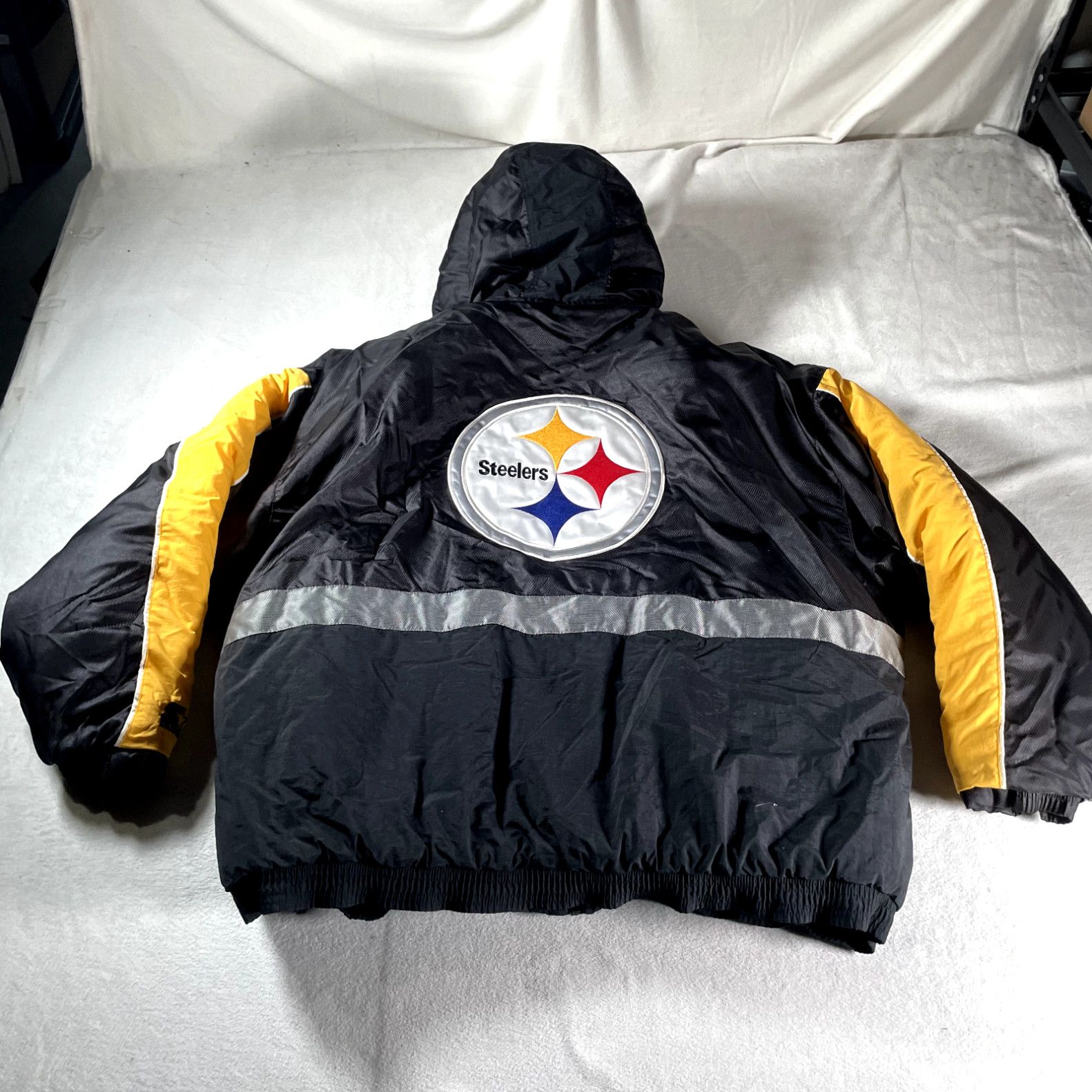 Image of Vintage Starter Steelers Jacket Mens 2Xl Black Puffer Hooded Pittsburg Zip in White