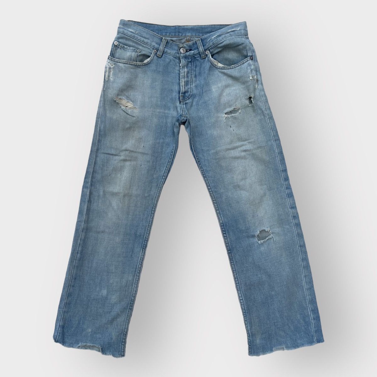 image of Helmut Lang Vintage Archive Distressed Denim Low Waist Contour Fit in Blue, Men's (Size 28)