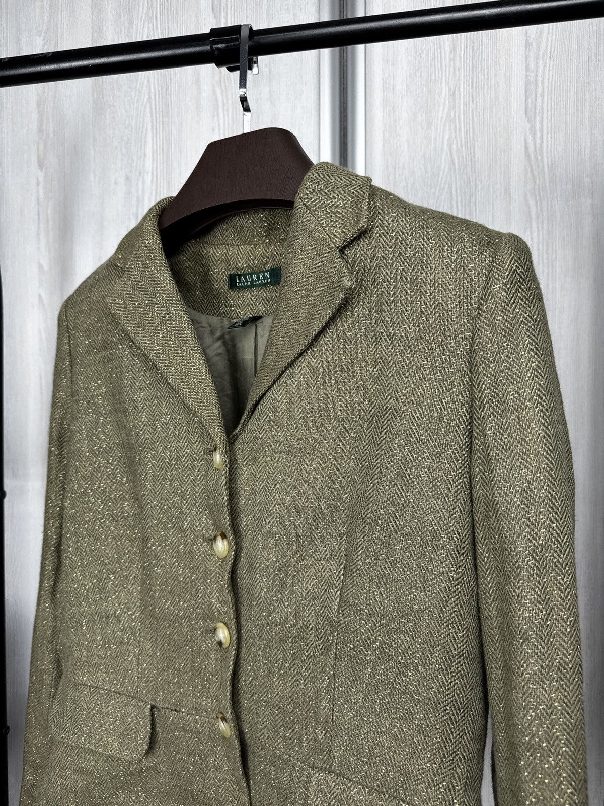 Lauren Ralph Lauren Ralph Lauren Green Gold Metallic Herringbone Blazer Linen Size M / US 6-8 / IT 42-44 - 5 Thumbnail