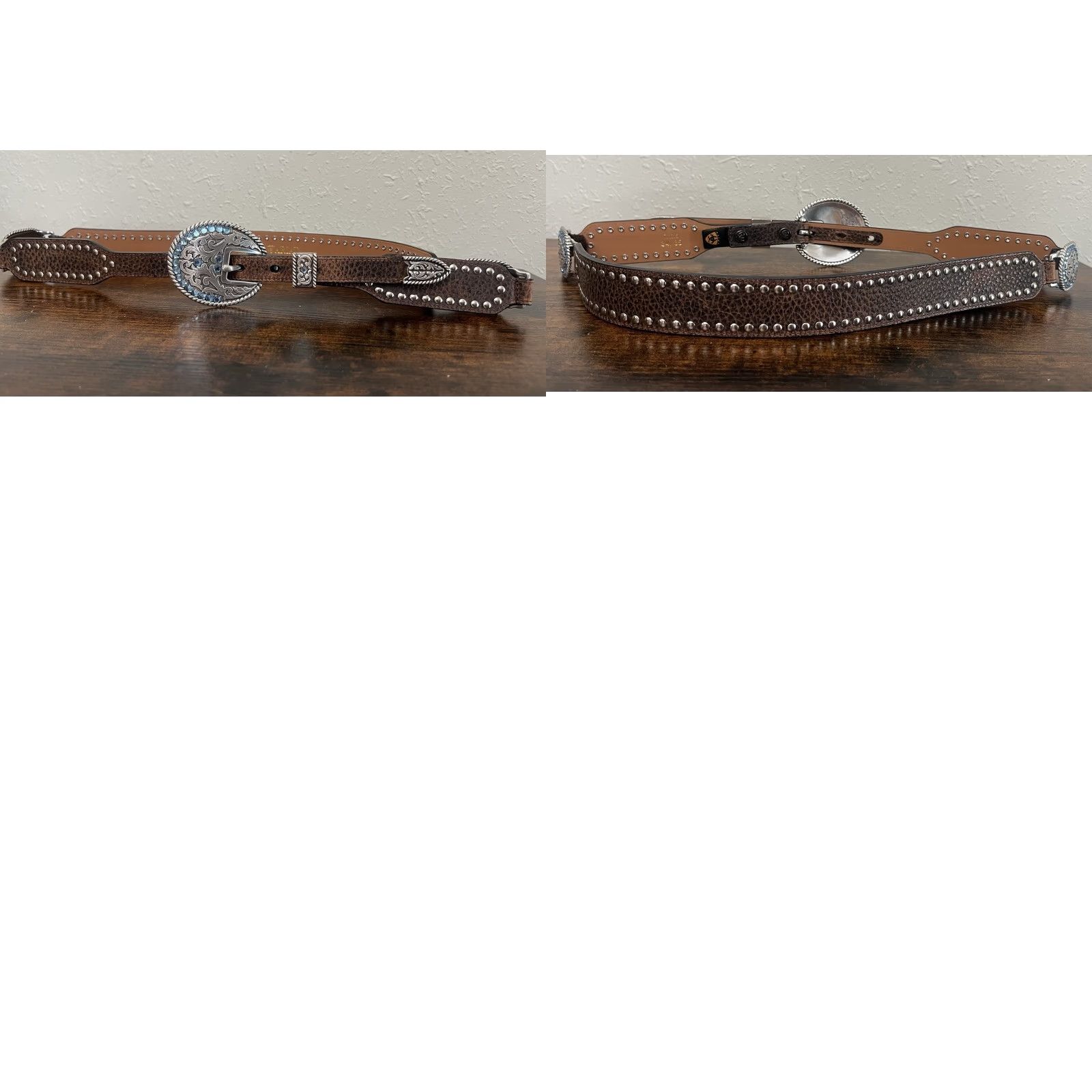 Ariat Ariat Belt Western Leather Blue Rhinestone Studded Buckle Silver 41” Adjustable Mens/Womens M Brown Cowgirl Country of Origin China Size ONE SIZE - 8 Thumbnail