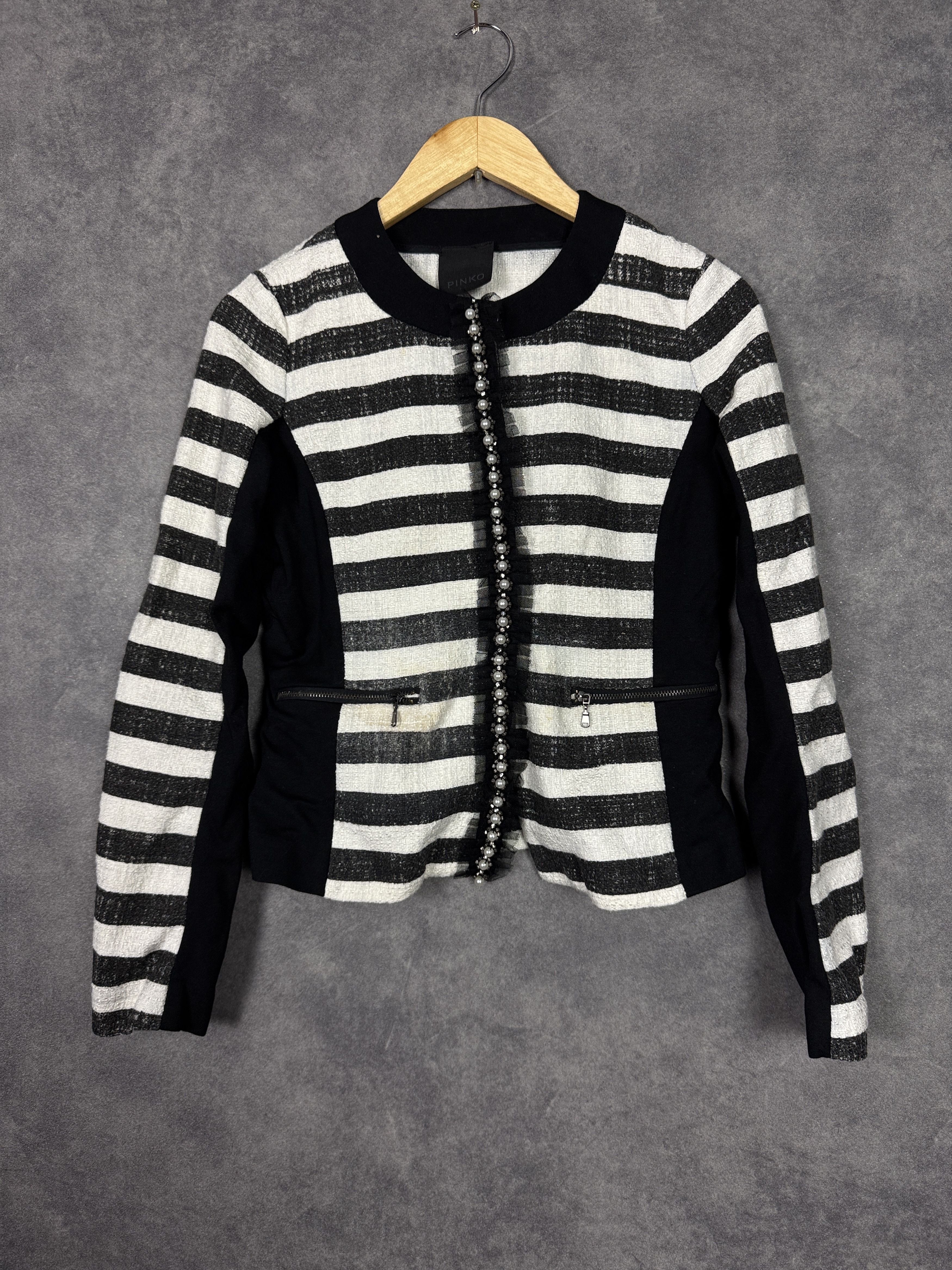 Pinko Pinko striped blazer black white with lace pearls cotton Size M / US 6-8 / IT 42-44 - 1 Thumbnail