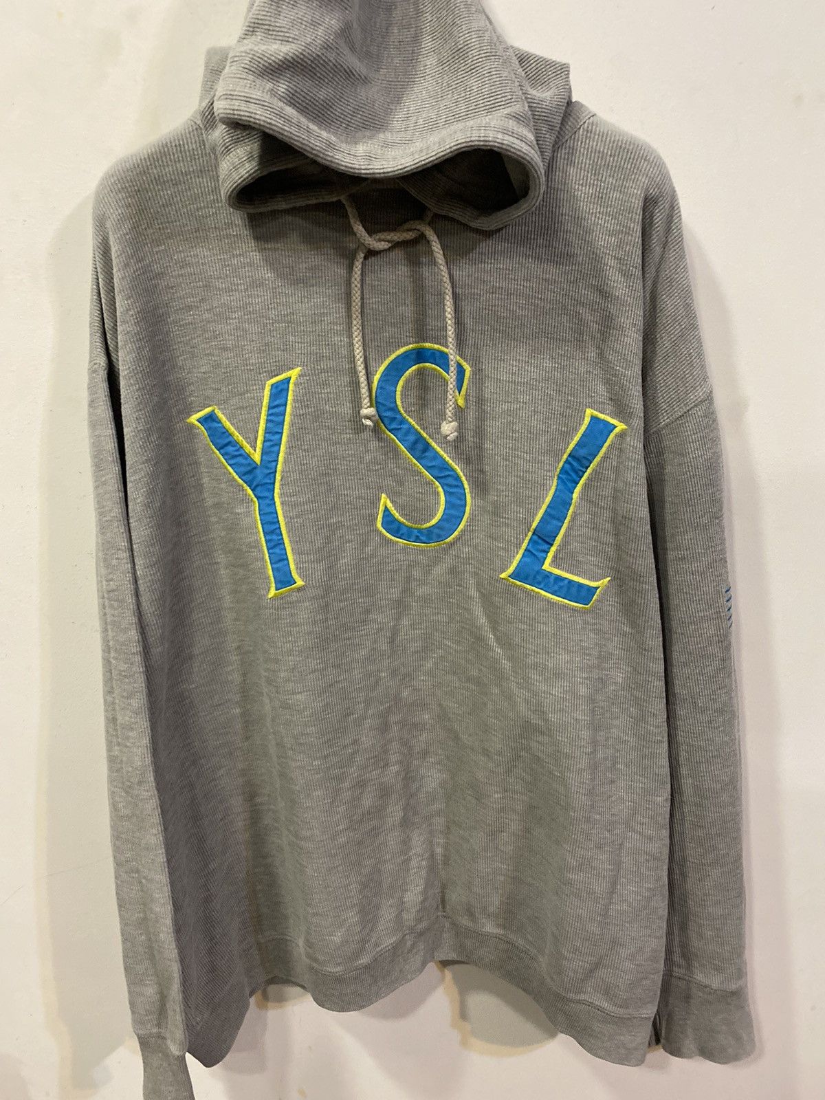 image of Vintage x YVES Saint Laurent Big Logo YSL Hoodie Sweatshirt YSL Sweater in Grey, Men's (Size XL)