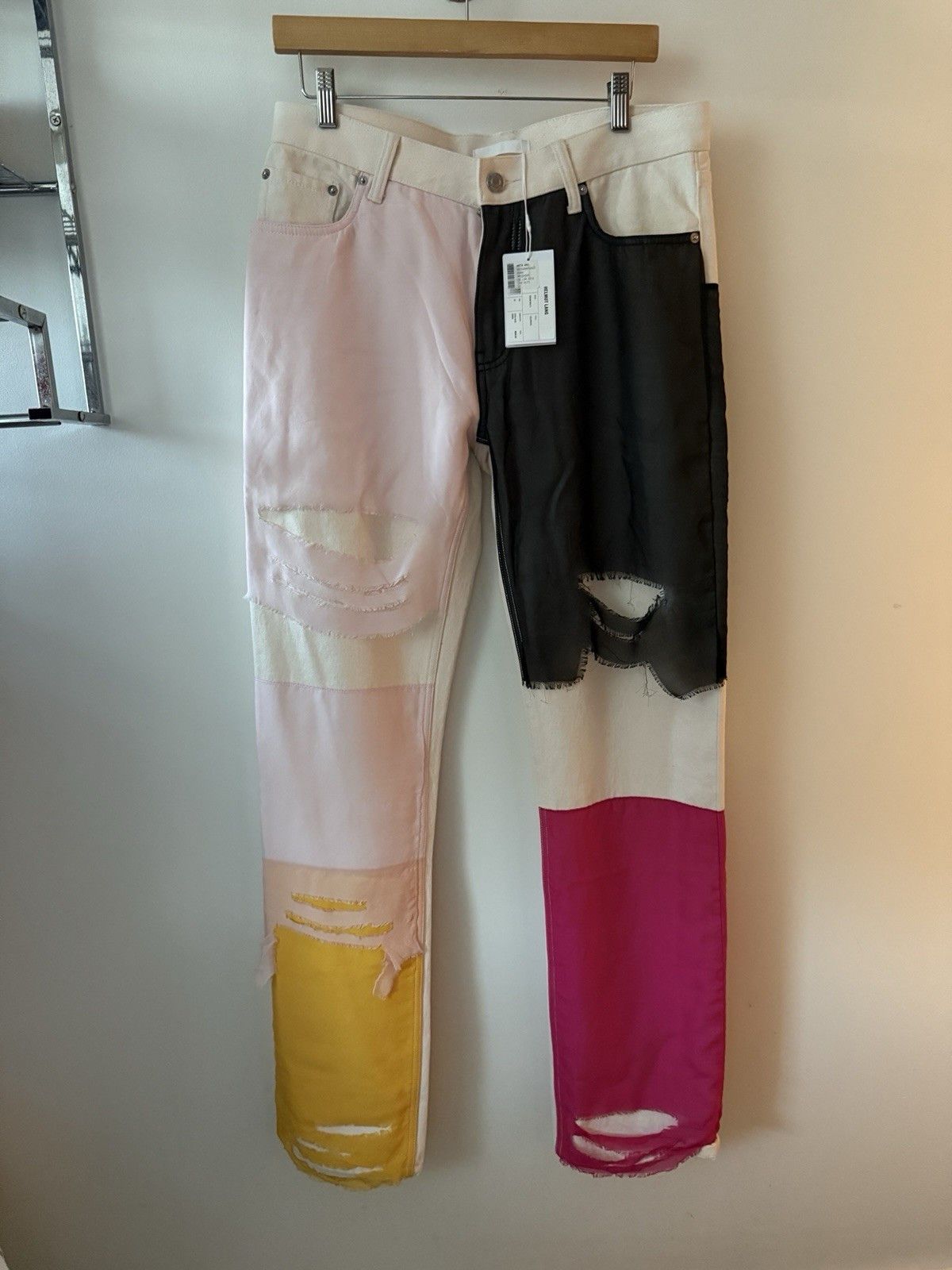 Colorblock Distressed Silk Chiffon Panel Jeans Cream