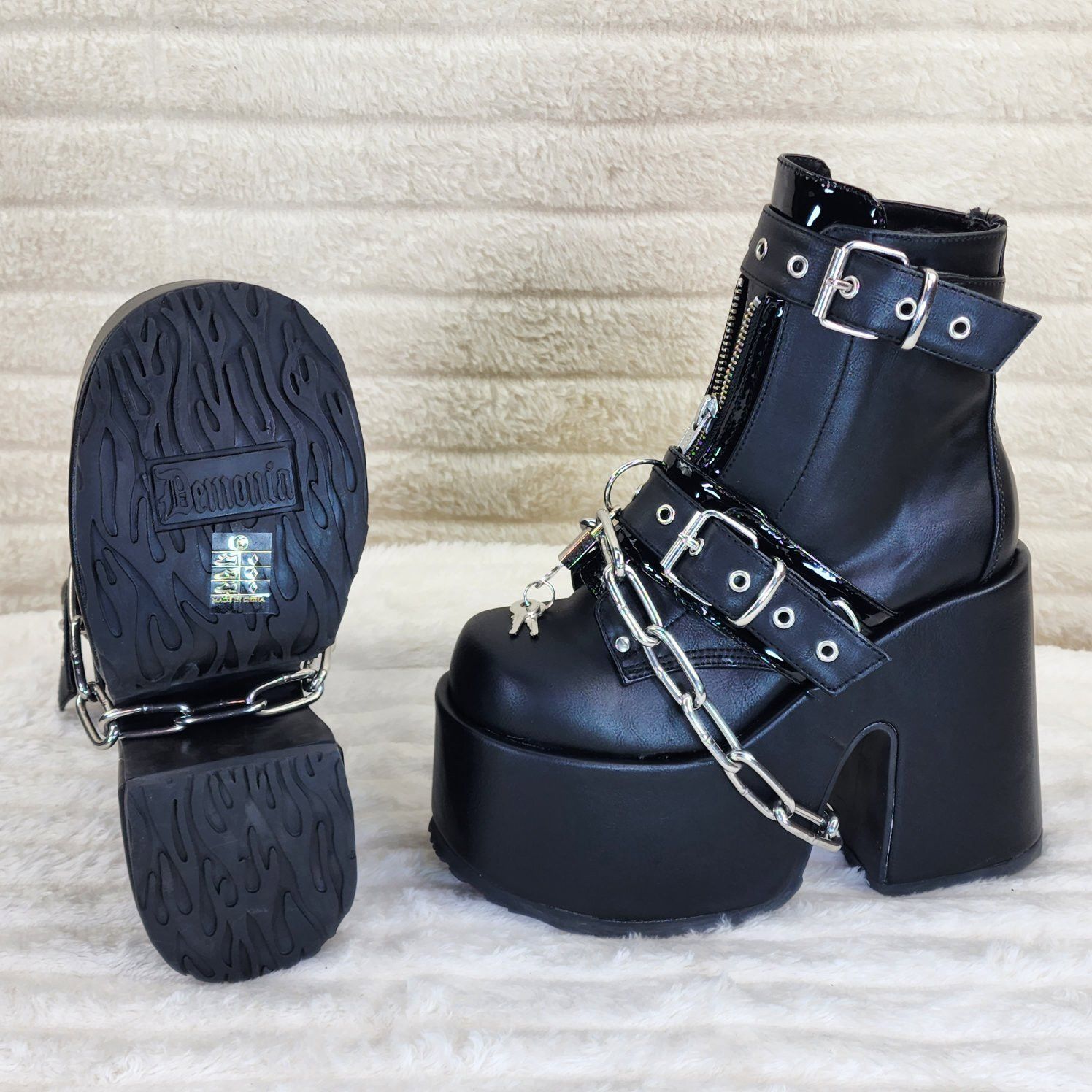 Other Camel 205 Chain & Padlock Platform Goth Ankle Boots Front Zi Size US 7 / IT 37 - 6 Thumbnail