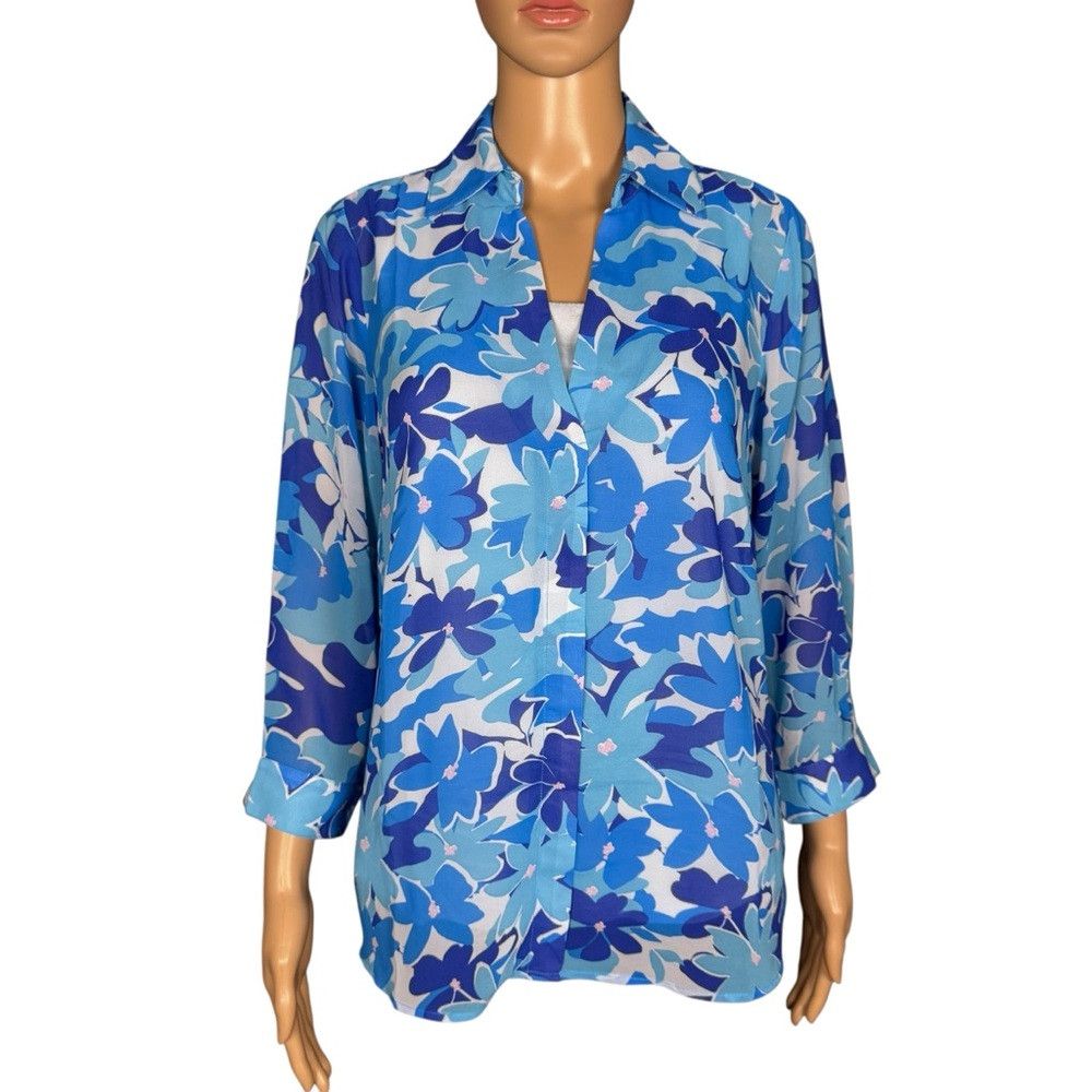Other New Belle by Kim Gravel Floral Printed V-Neck Blue Blouse S Size XXS / US 00 / IT 34 - 2 Thumbnail