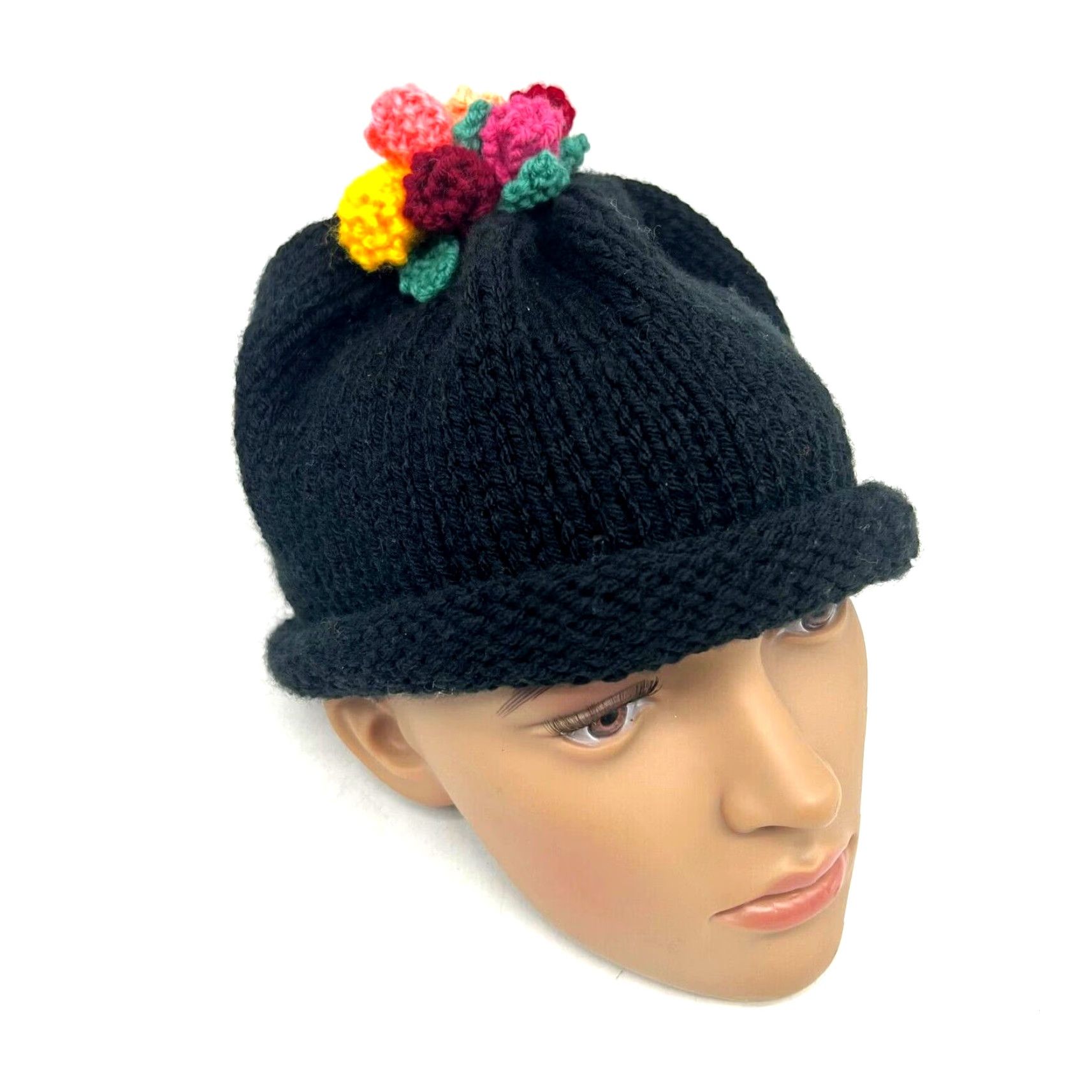 Vintage Hand Knitted in USA Hat Womens One Size Black Flower Tassel Stocking Cap Beanie Size ONE SIZE - 2 Thumbnail