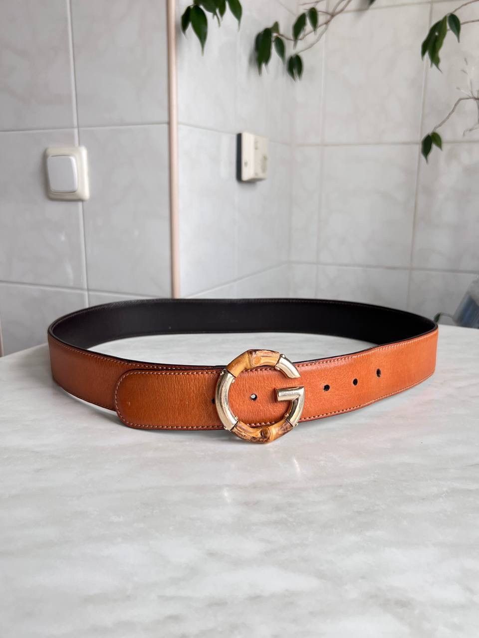 Y2K GUCCI LEATHER BAMBOO G LOGO BUCKLE BELT ITALY