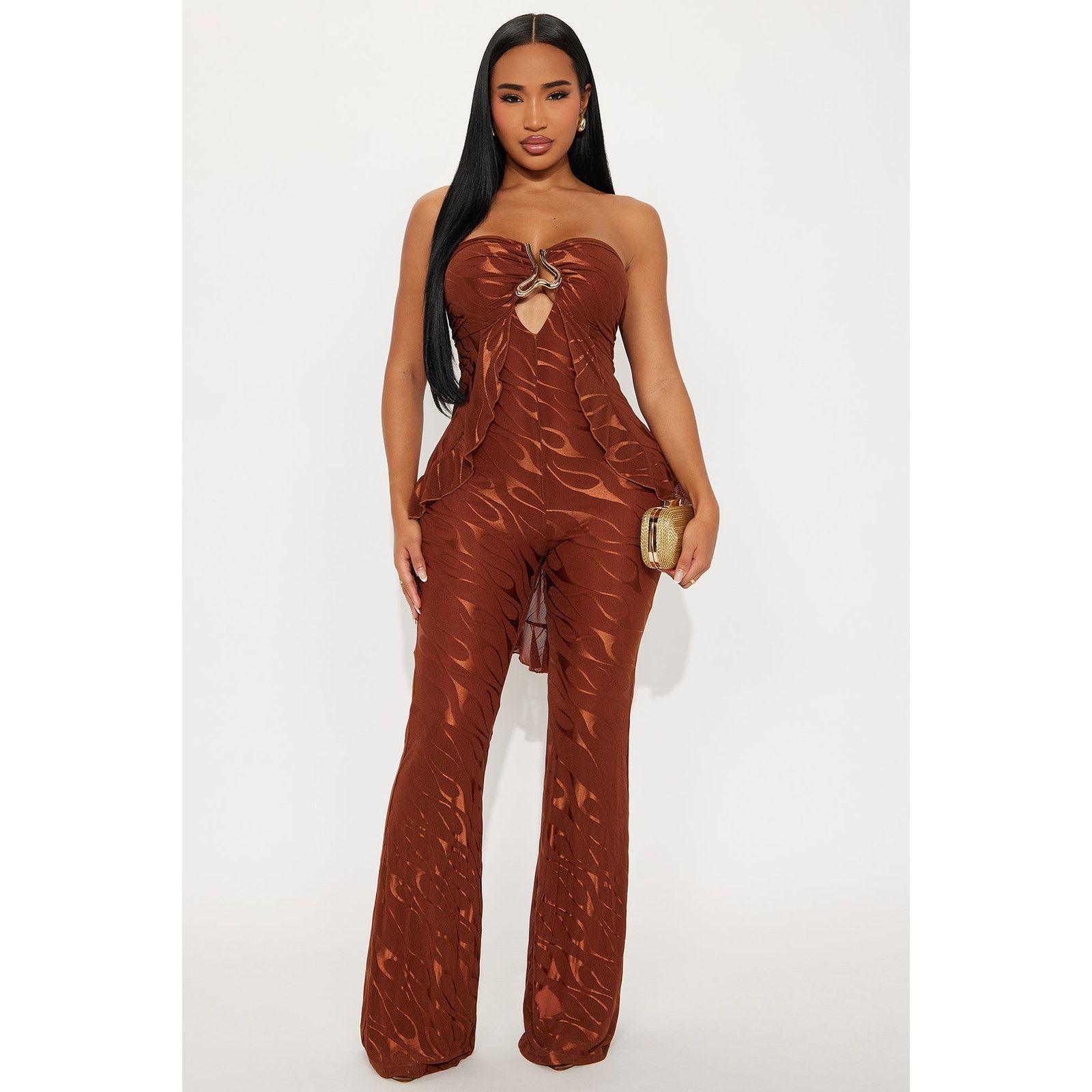 Other Weekend Glow Mesh Strapless Jumpsuit - Rust - Size S Size 22" - 1 Thumbnail