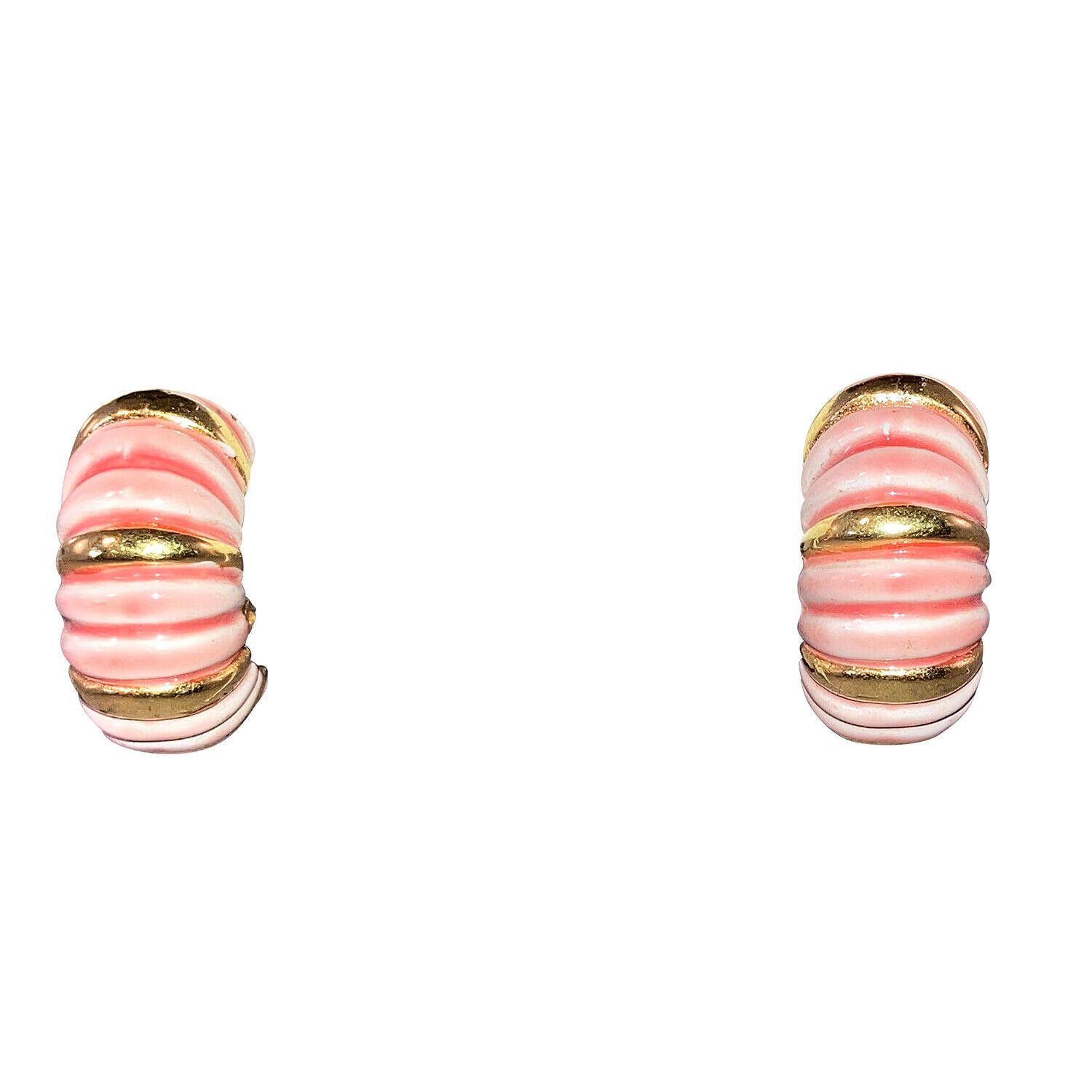 Robert Caterpillar Gold Tone and Pink Enamel Hoop Earrings