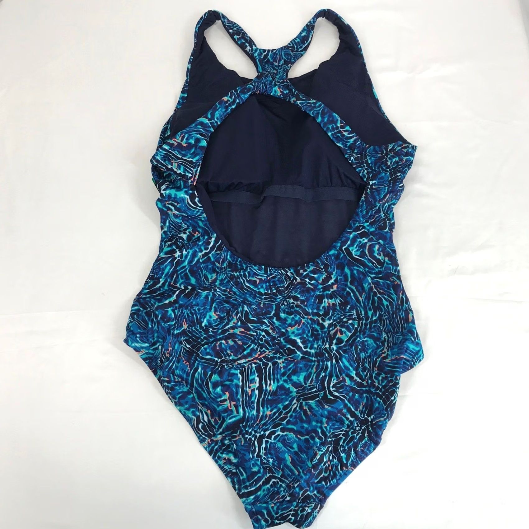 Vintage TYR One Piece Swimsuit Womens XL Blue Abstract Water Ripple UPF 50+ NEW Built-In Bra Racerback Batik Pattern Size ONE SIZE - 4 Thumbnail