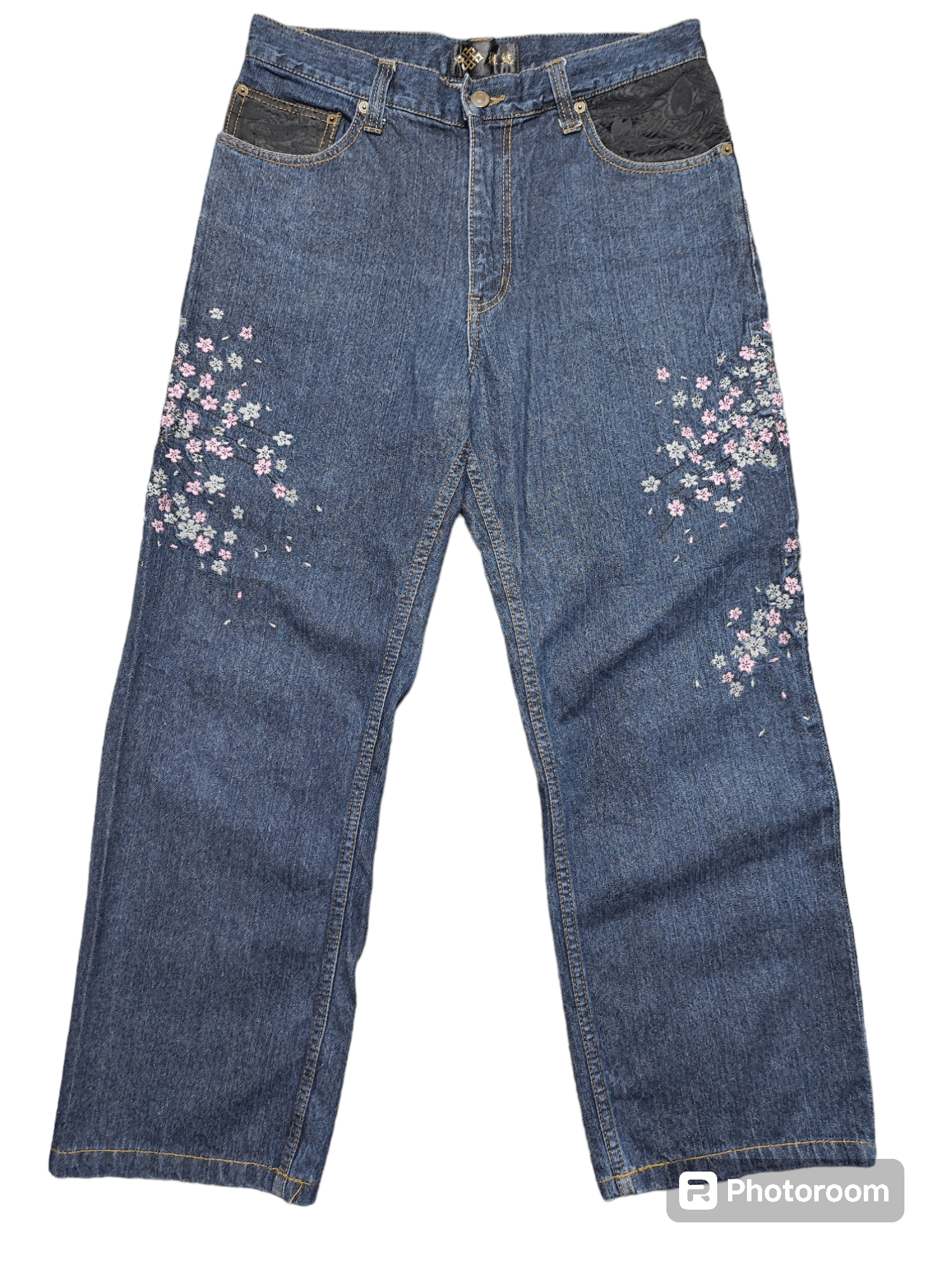 Image of Vintage Sukajan Sakura Design Baggy Style Karakuri Tamashi in Blue, Men's (Size 31)