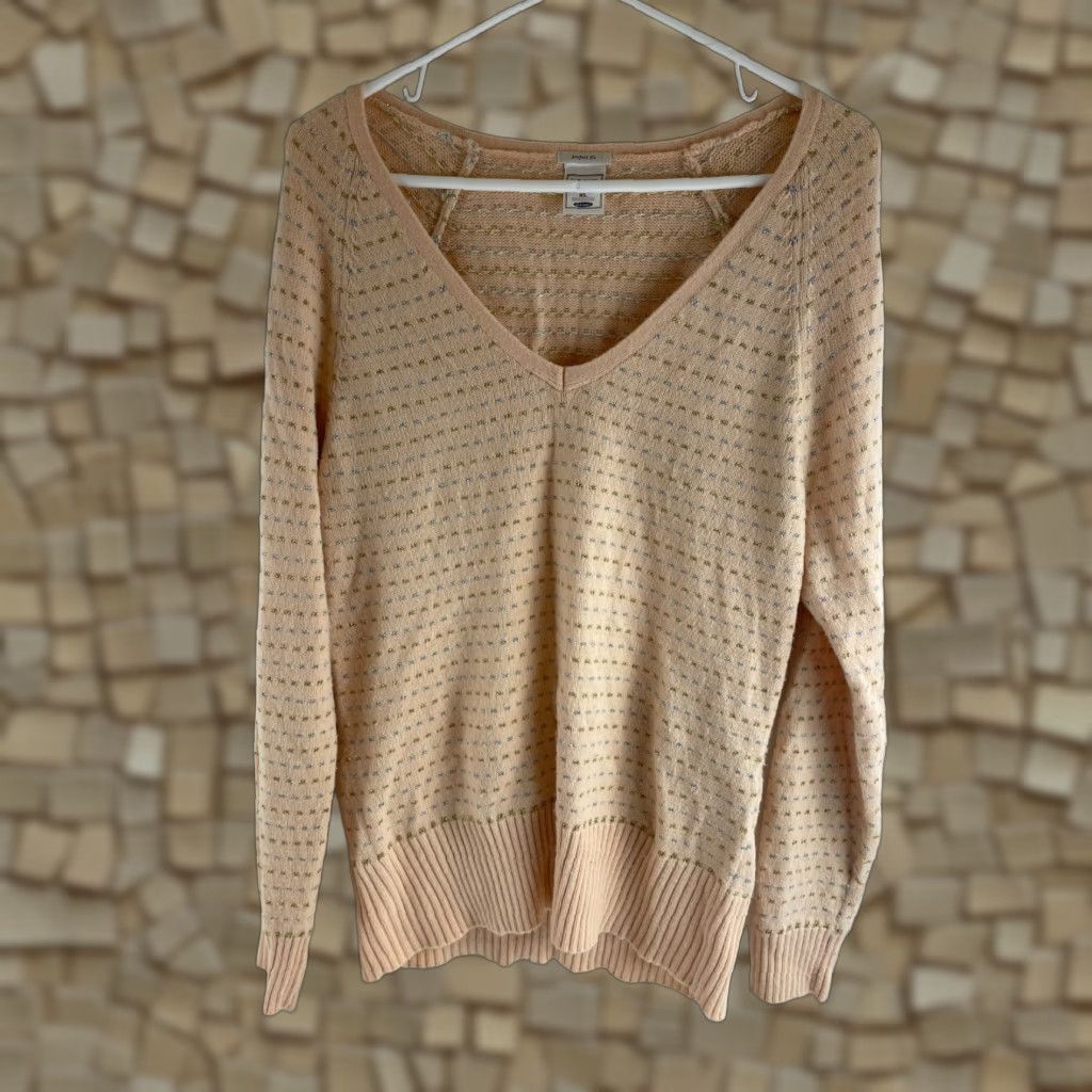 Old Navy Sweater Women's XL Peach Pullover V-Neck Metallic Silver Long Sleeve in Pink