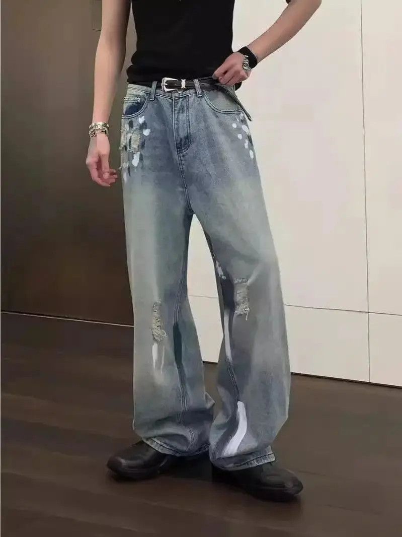 Japanese Brand Wide leg straight leg ripped jeans Size US 32 / EU 48 - 3 Thumbnail