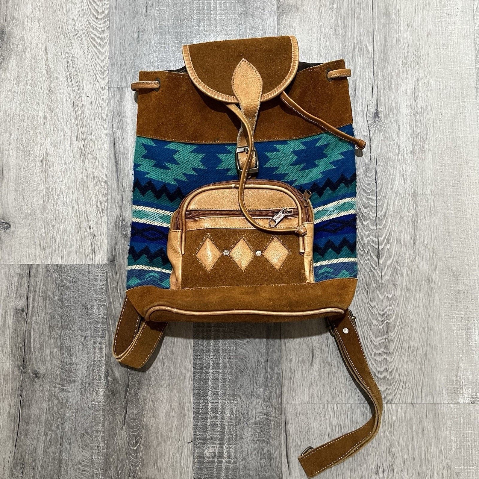 Other Southwestern Aztec Suede Backpack Teal/Brown Boho Hippie Size ONE SIZE - 1 Thumbnail