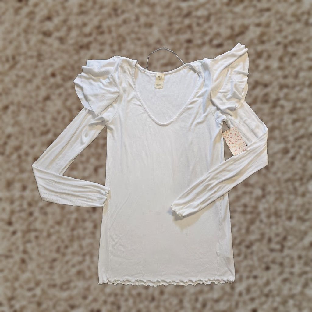 Free People Free People Blouse Shirt Womens Large White Ruffle Shoulder Ribbed Stretch Capsule Bohemian Basic Knit Cotton Scoop Neck Casual Sleeve Pullover Micro Size L / US 10 / IT 46 - 1 Thumbnail